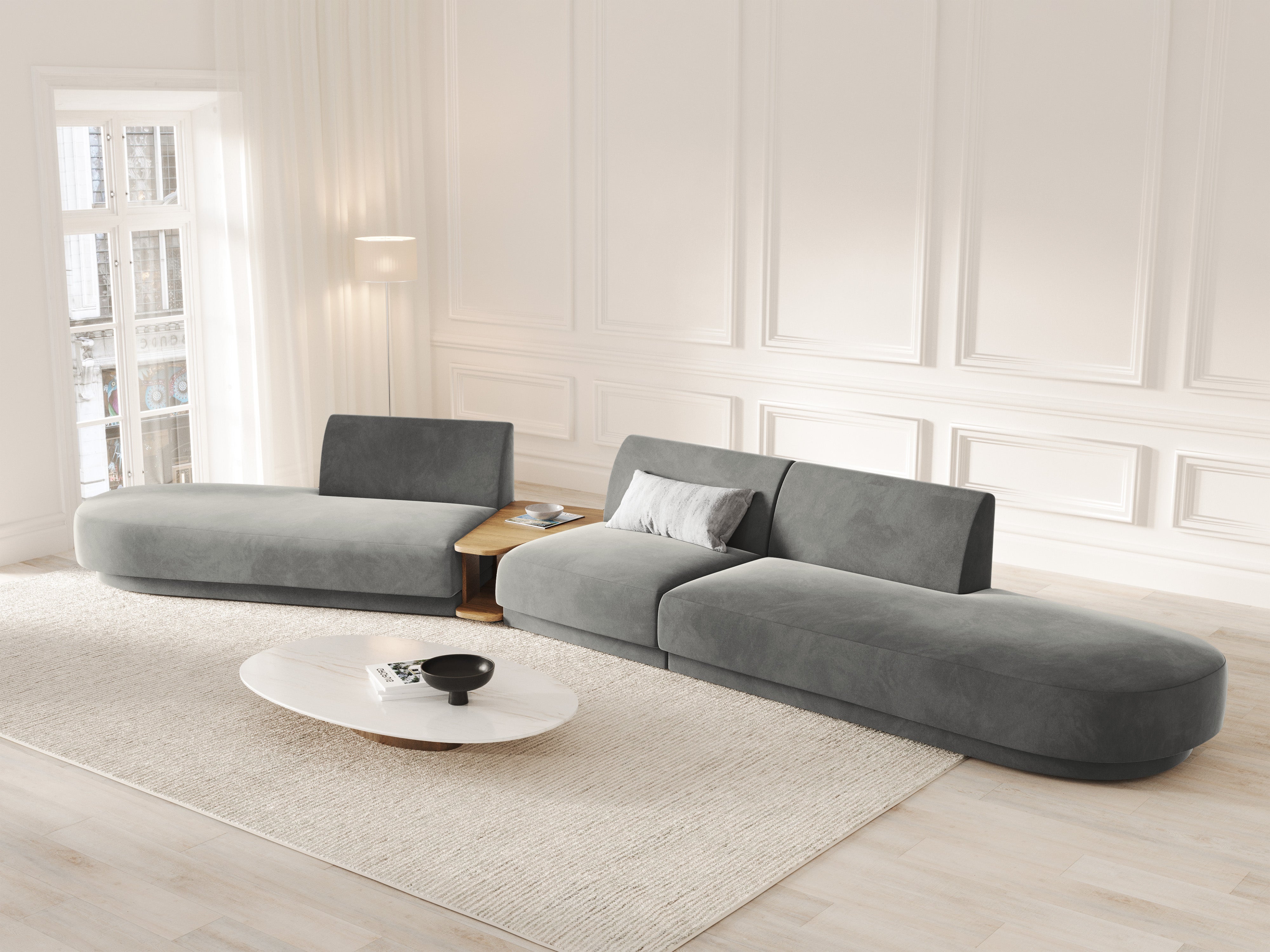 Left-sided modular sofa with table for 5 people in light gray velvet MILEY
