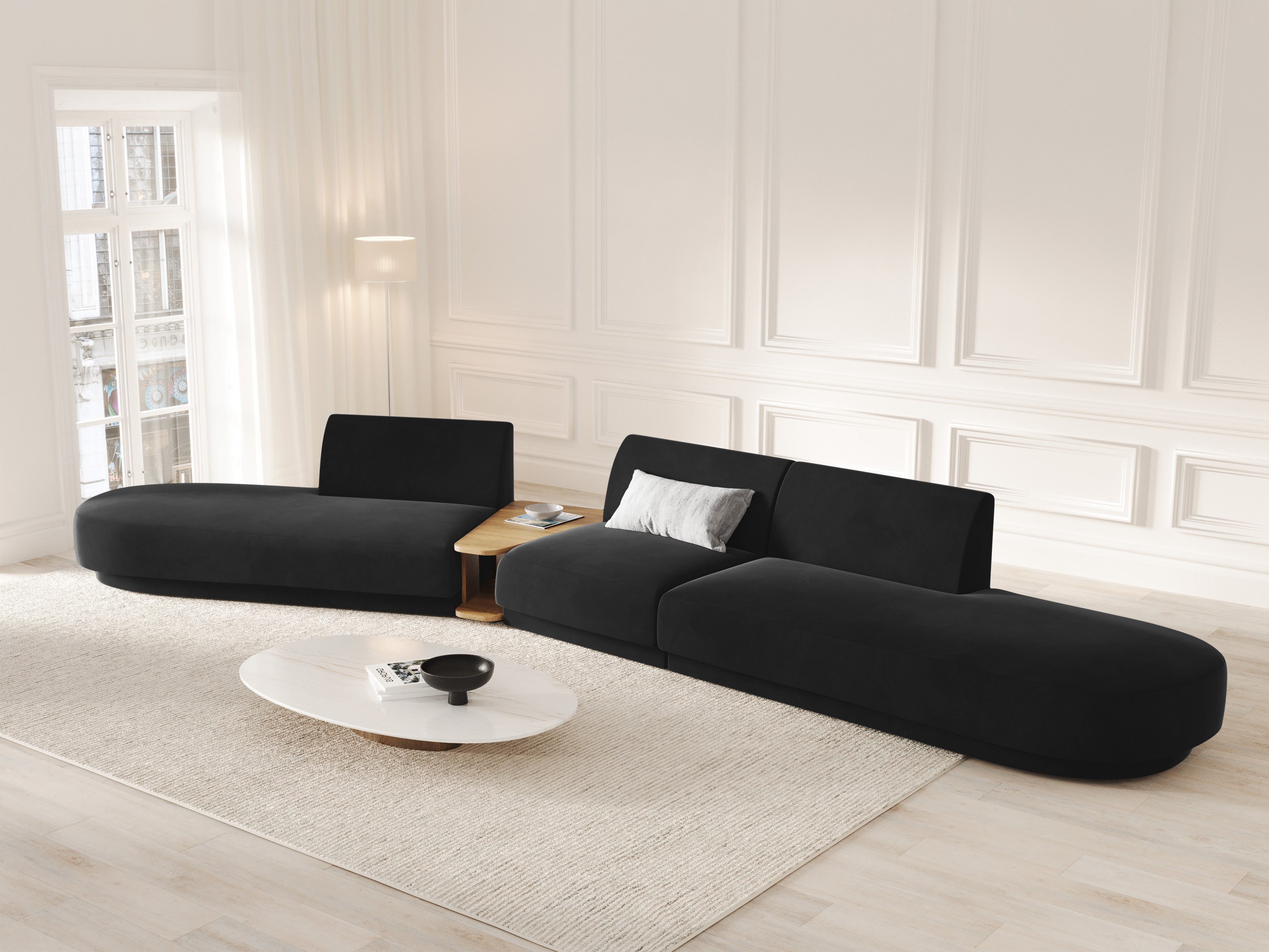 Left-sided modular sofa with table, 5-seater, velvet MILEY black