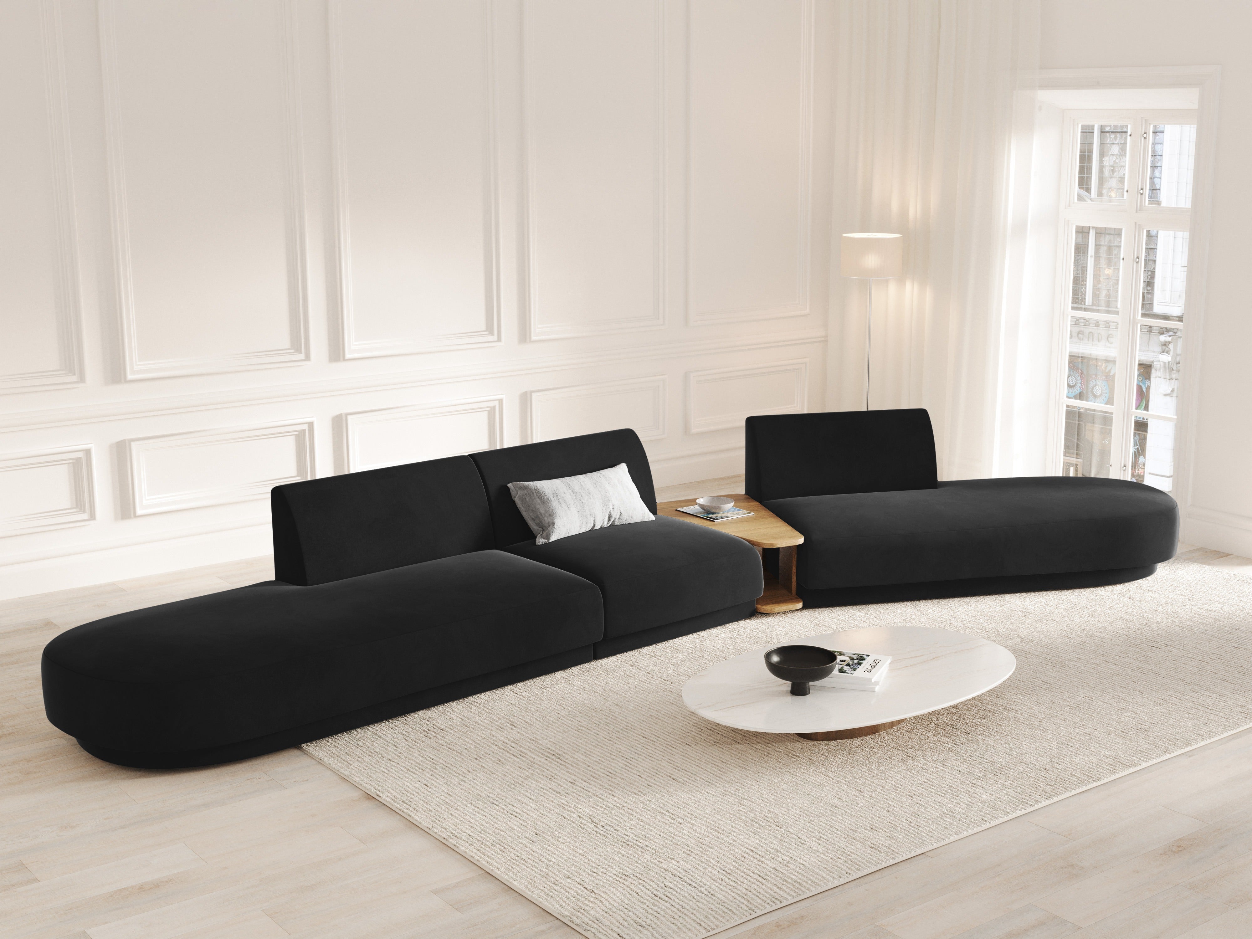 Right-facing modular sofa with table for 5 people, velvet MILEY black