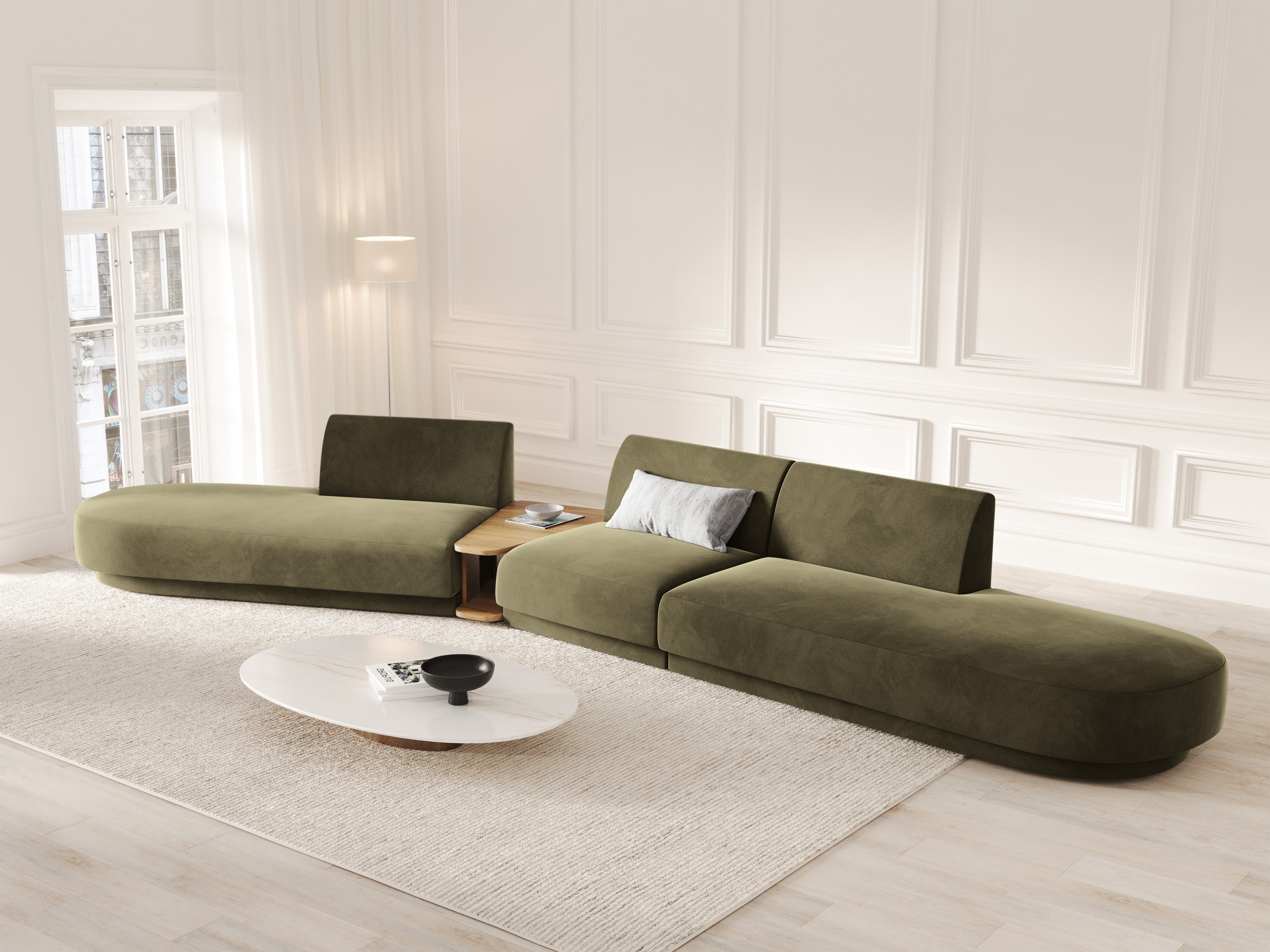 Left-sided modular sofa with table, 5-seater, velvet MILEY green