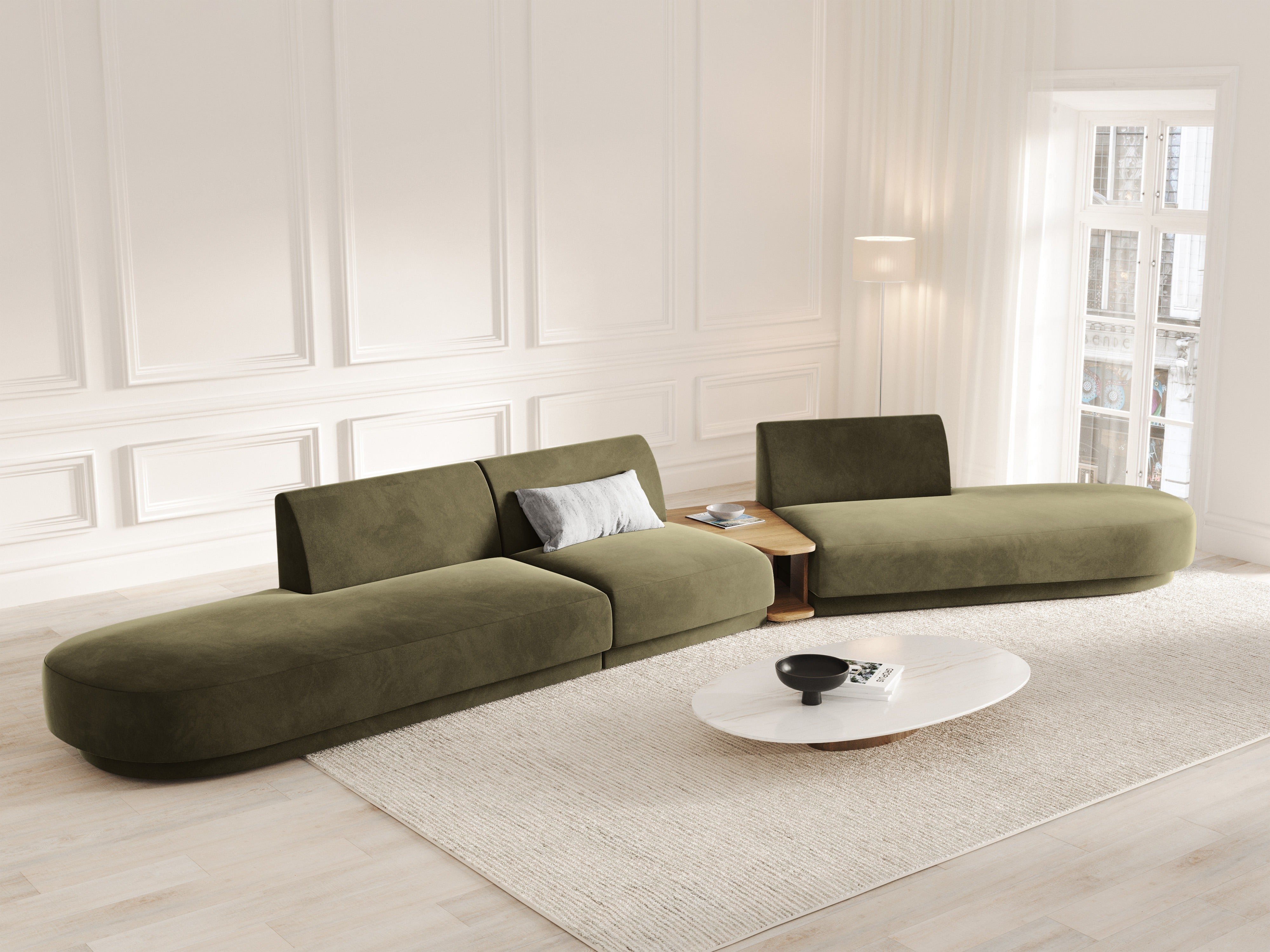 Right-facing modular sofa with table for 5 people MILEY green boucle