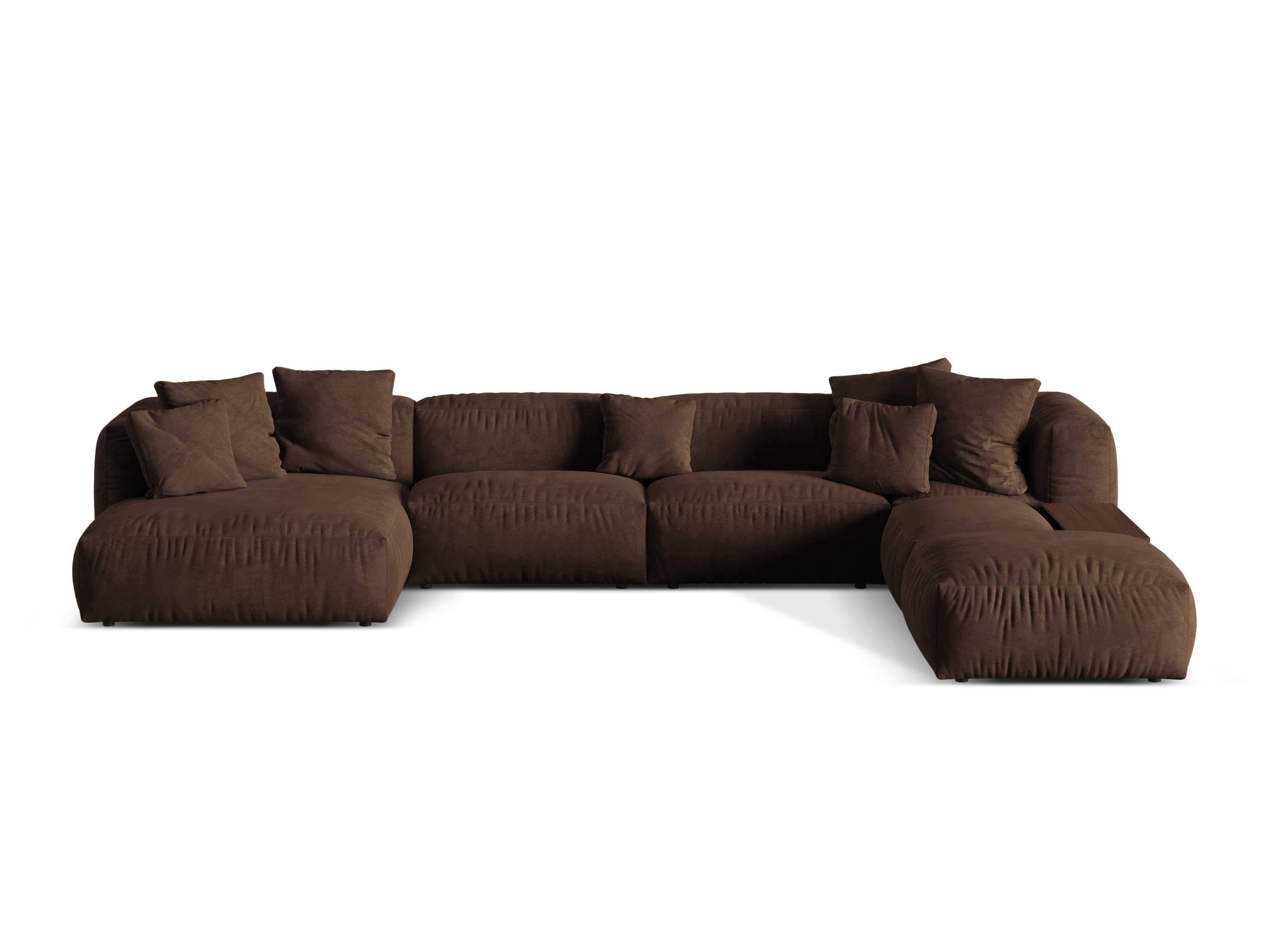 Rechthoekige panoramische MARTINA bank met een chocoladekleurige fluwelen bekleding.