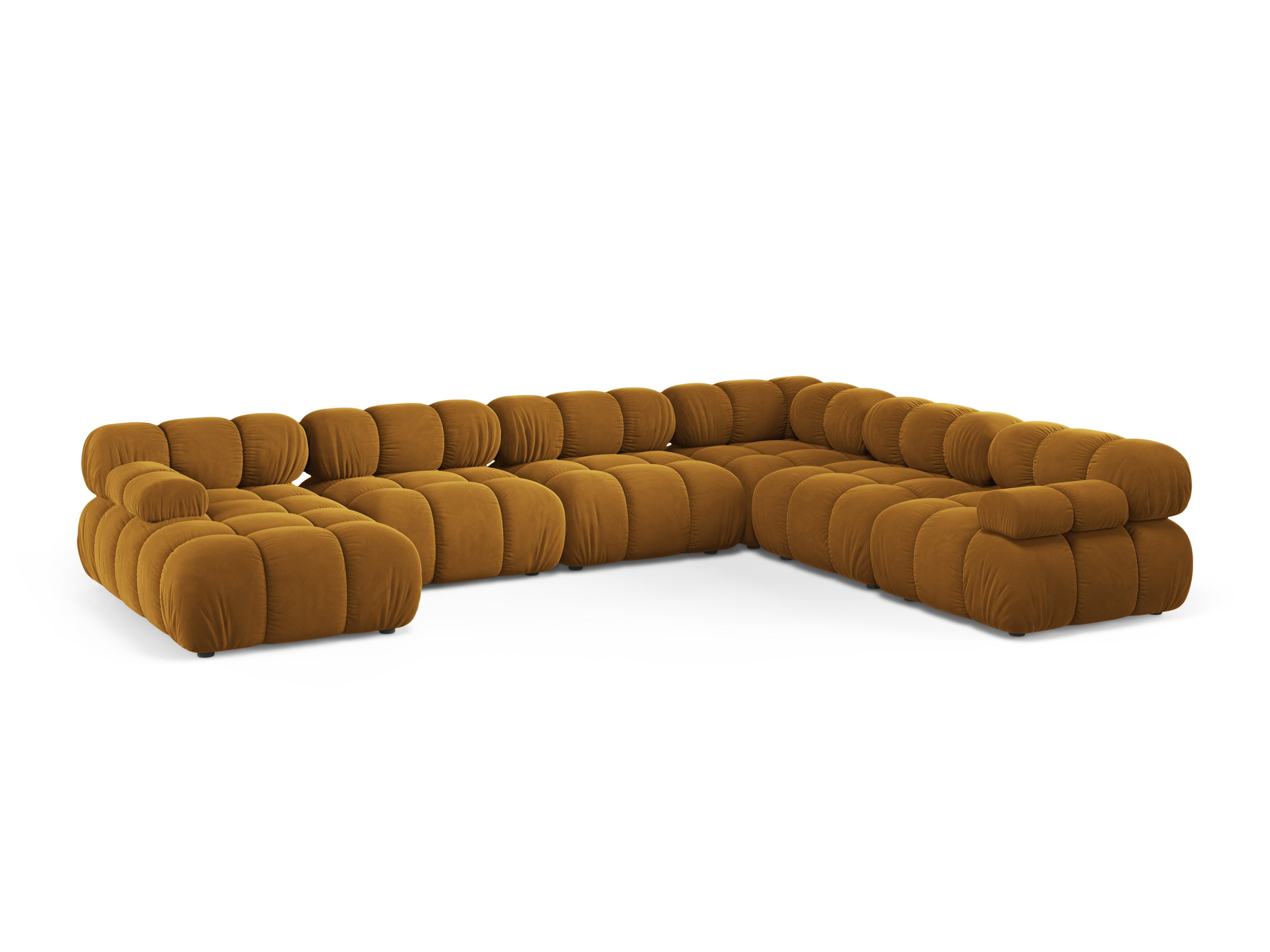Panoramische fluwelen hoekbank BELLIS rechts in mosterdkleur