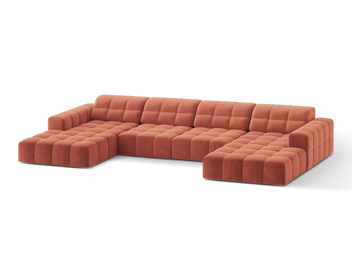 Sofa aksamitna panoramiczna 6-osobowa JENNIFER koralowy Venus – ujęcie boczne