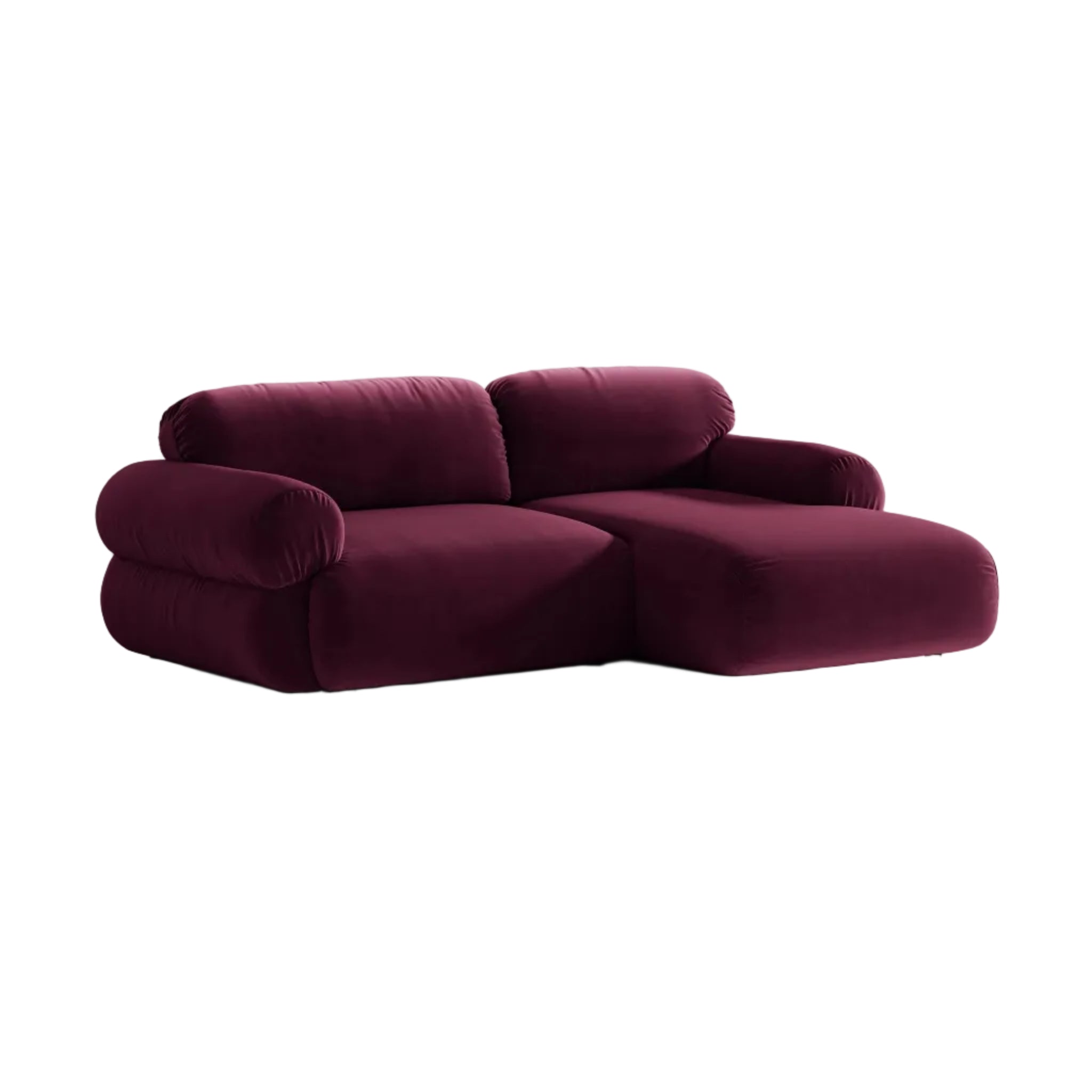 Tweedelig burgundy fluwelen hoekbank OPHELIA rechts.