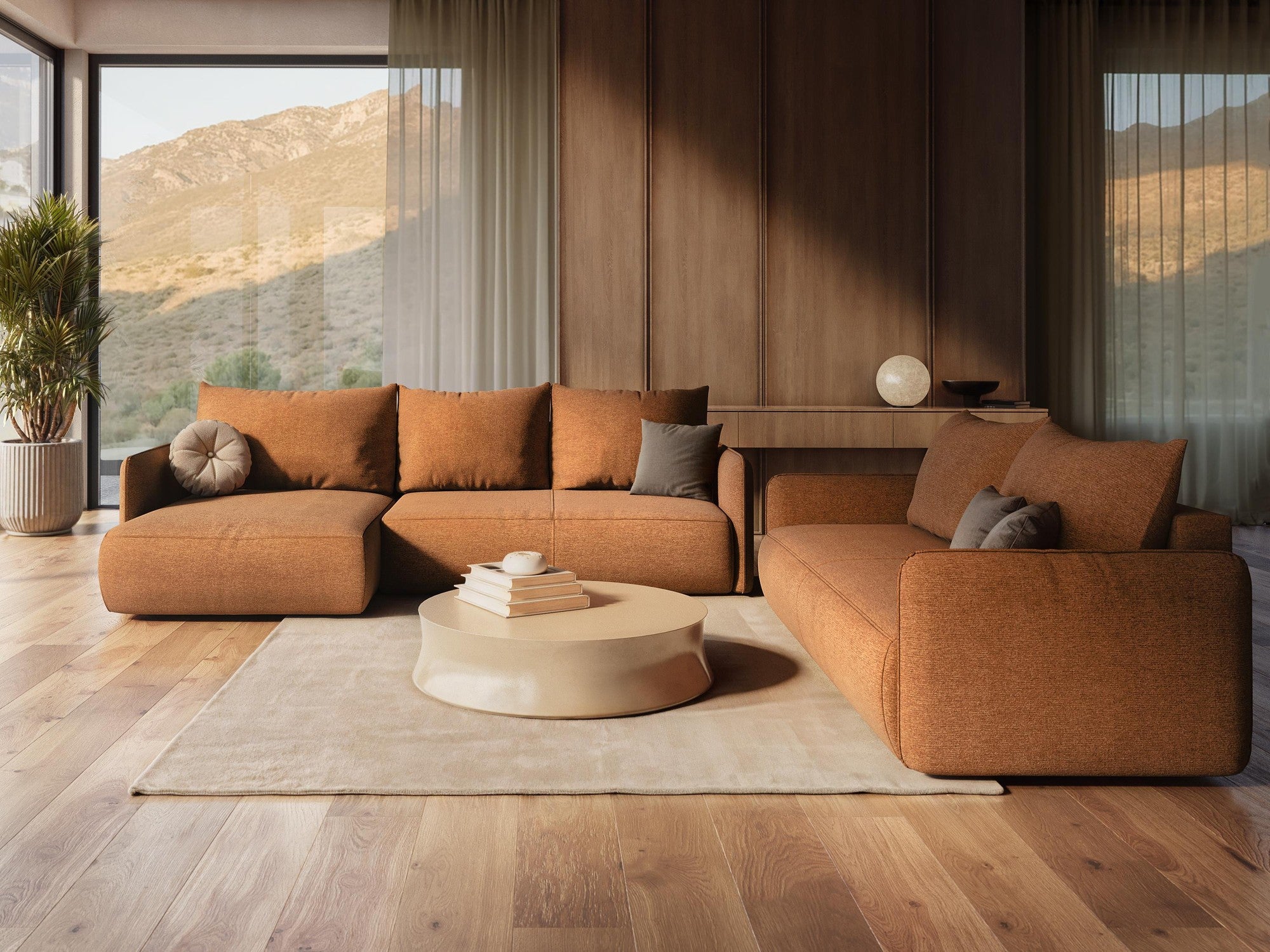 Panoramischer Samt-Ecksofa mit Schlaf-Funktion NANEA dunkelbeige