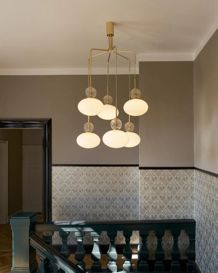 Hanglamp RIZZATTO 6 messing met opaalglas