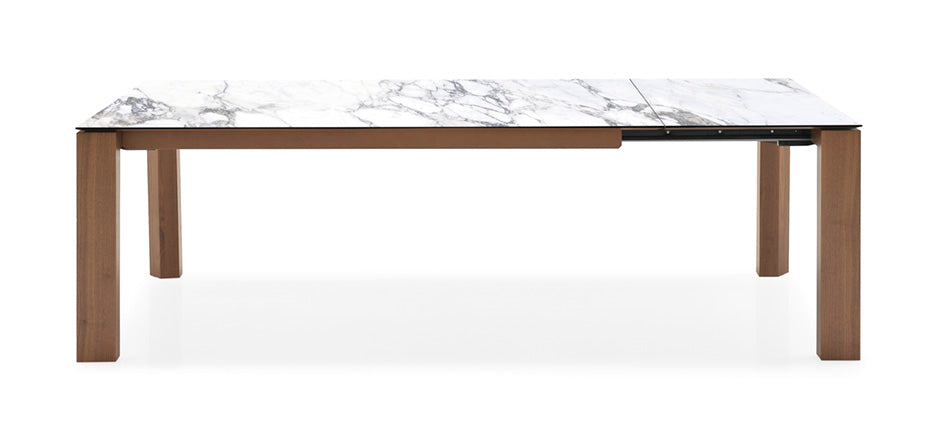 Extendable table OMNIA with a white top and walnut base