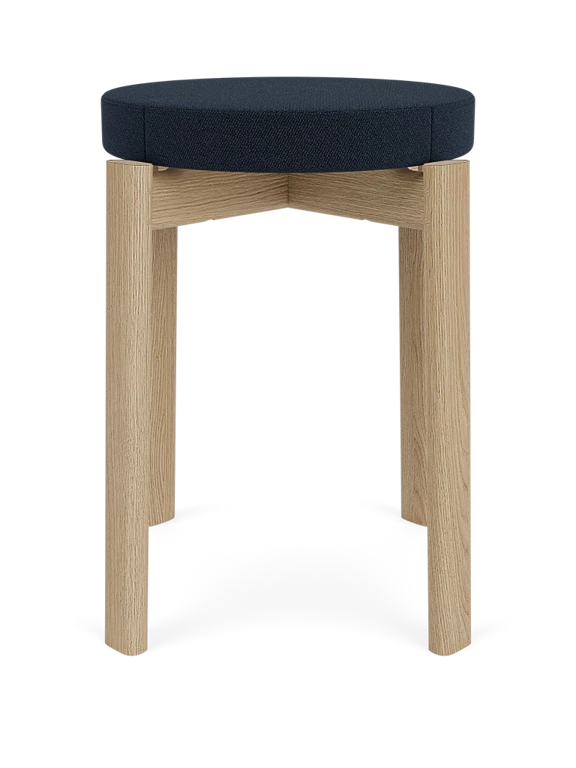 PASSAGE stool in navy blue with an oak base