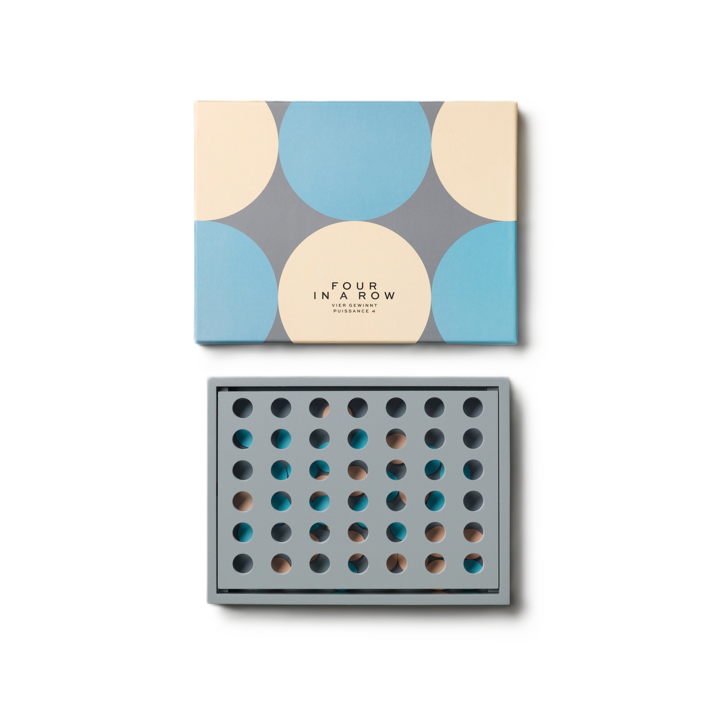 FOUR IN A ROW board game gray with beige and blue