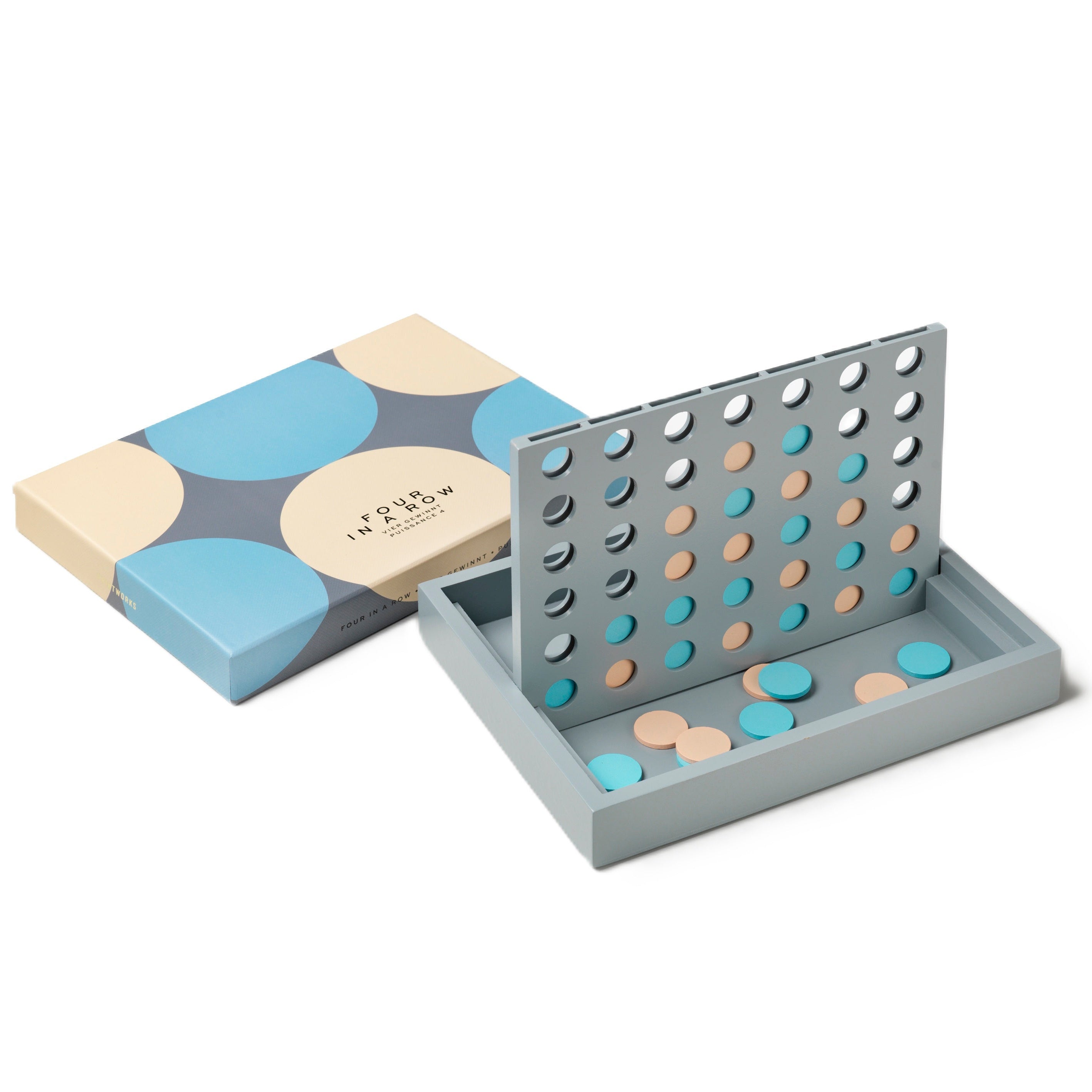 FOUR IN A ROW board game gray with beige and blue