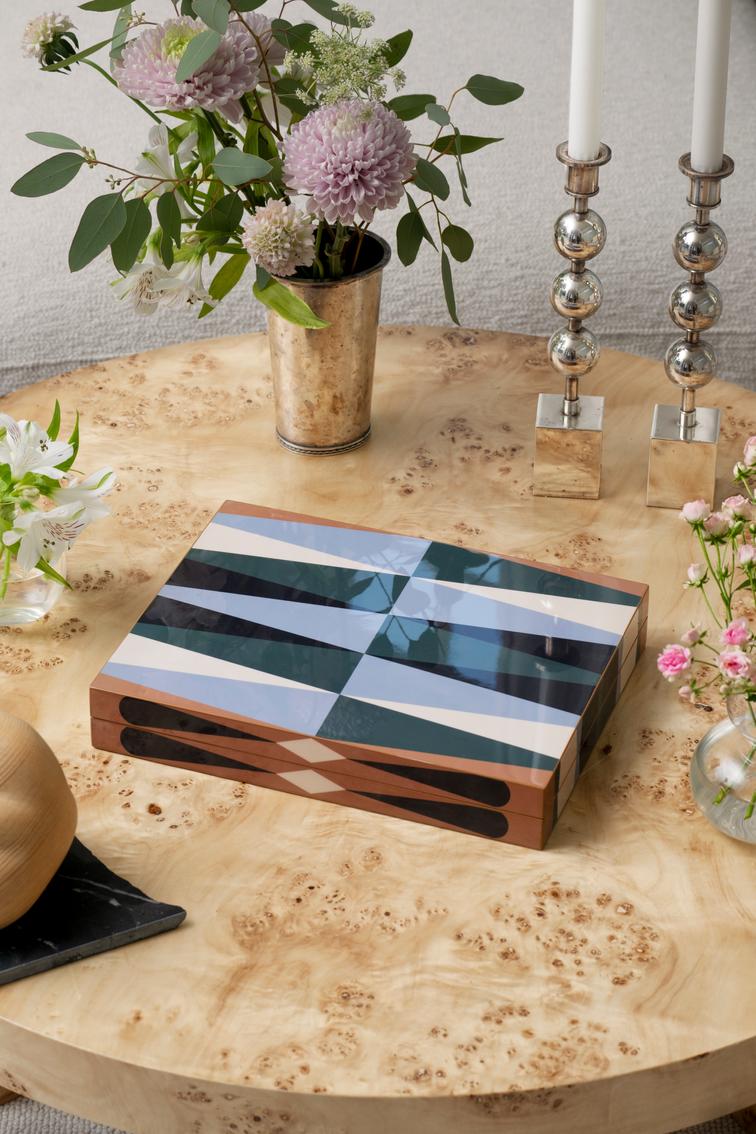 Gelakte backgammon set bruin met blauw