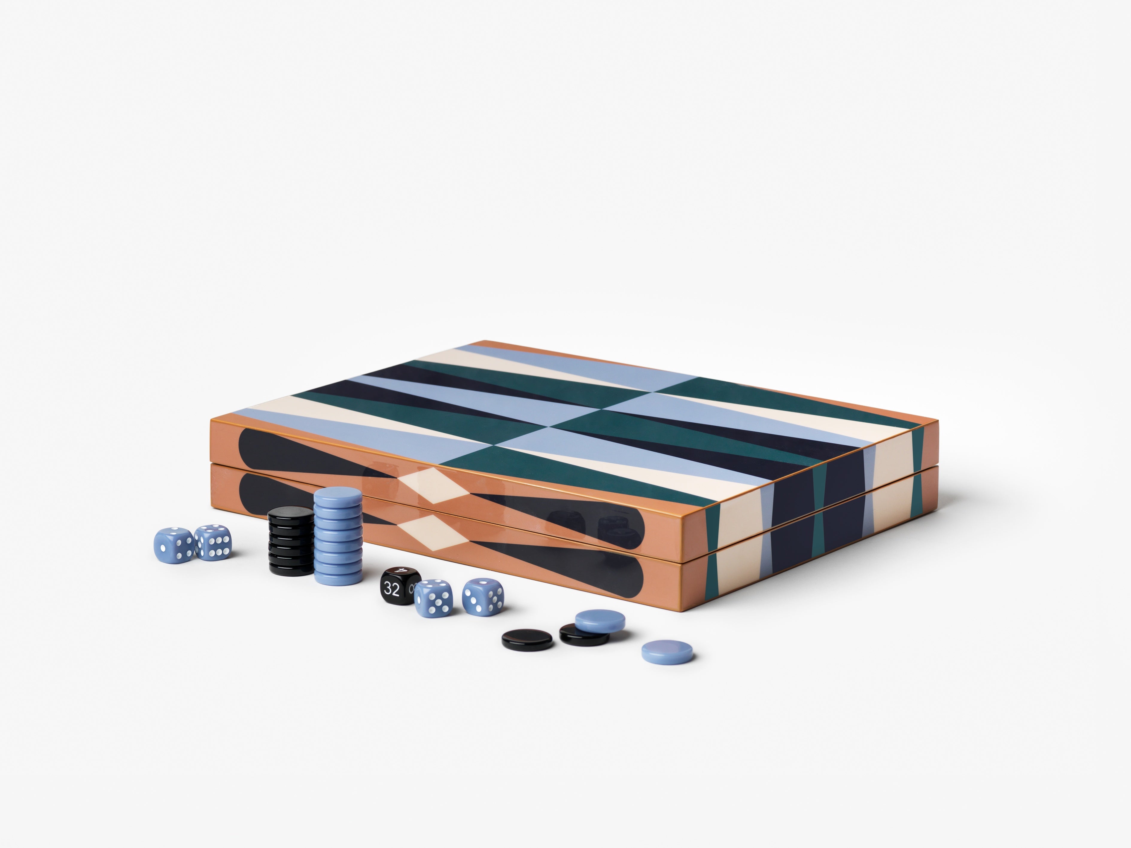 Gelakte backgammon set bruin met blauw