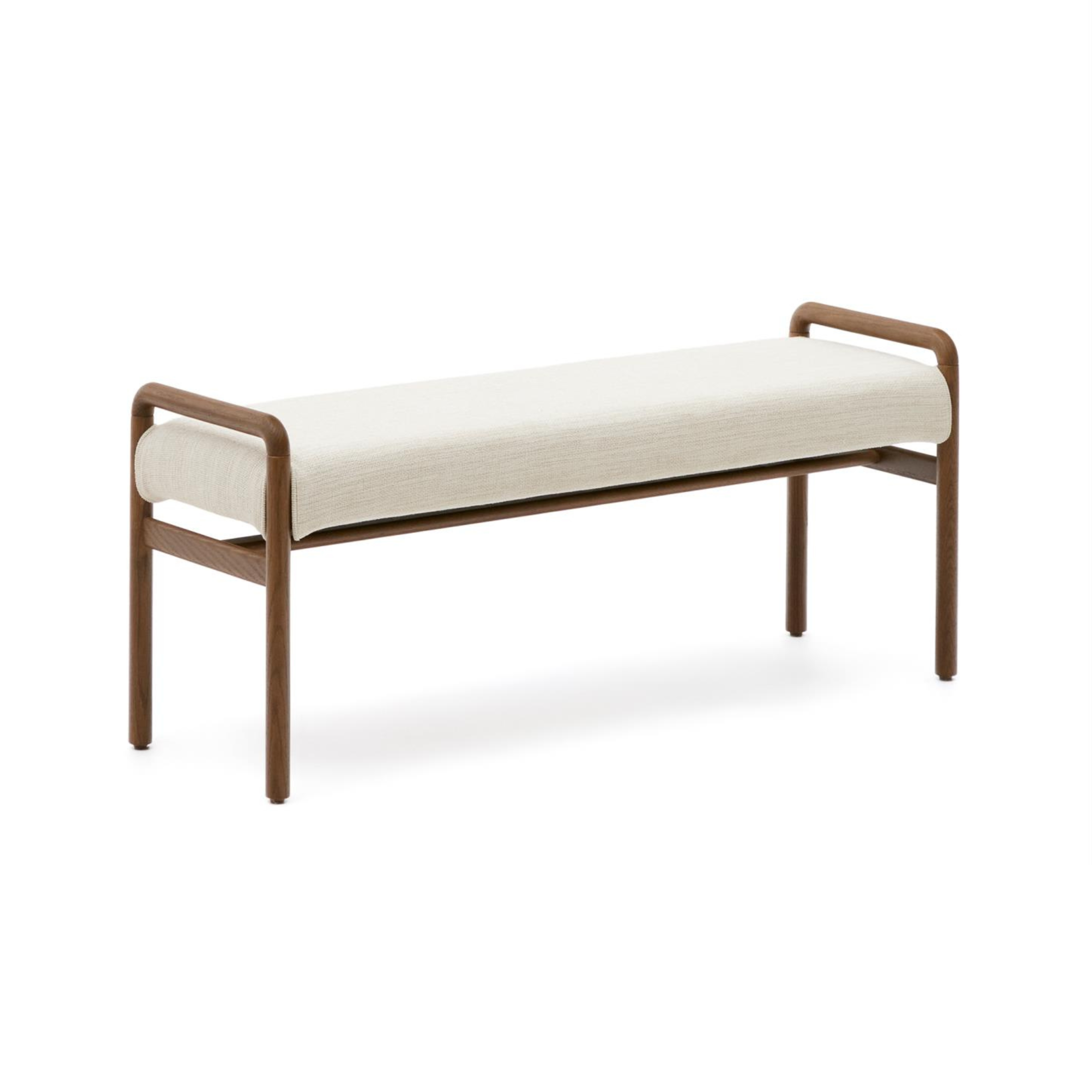 MACARET bench in beige chenille with a dark oak base