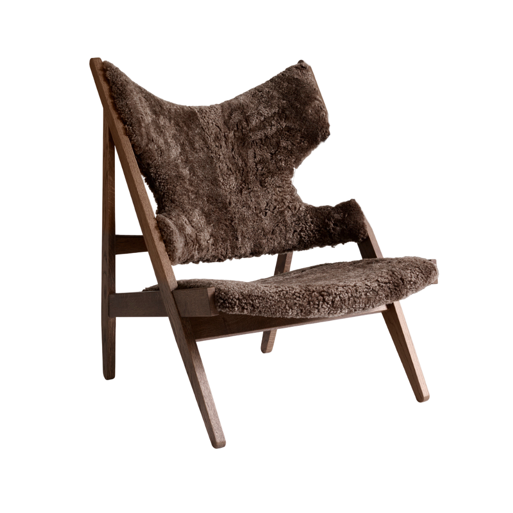 KNITTING armchair dark brown sheep leather with dark oak base
