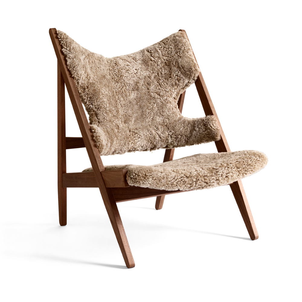 KNITTING armchair brown sheepskin with walnut base