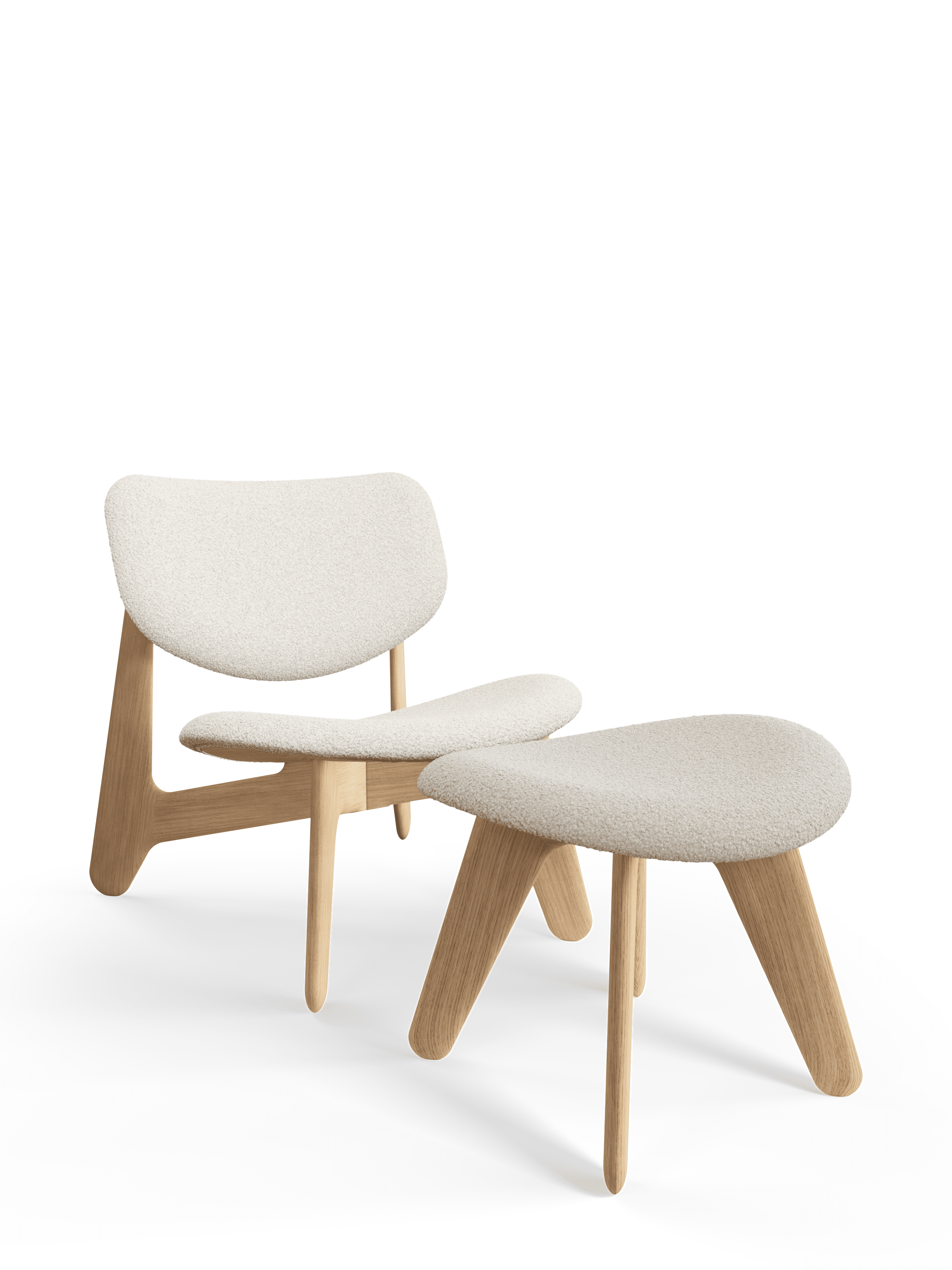 Beige boucle voetensteun SLAB met eikenhouten basis