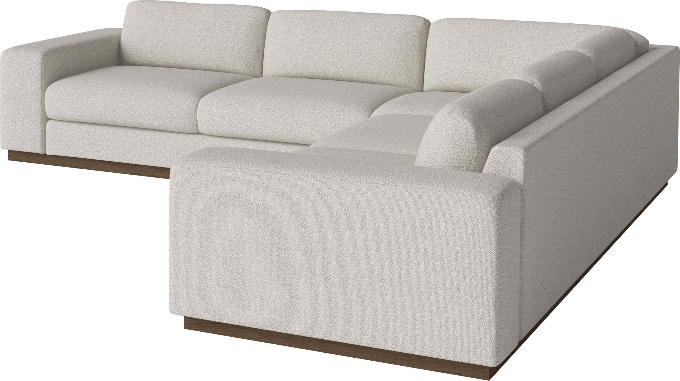 Symmetrische hoekbank SEPIA met een basis van donker eikenhout