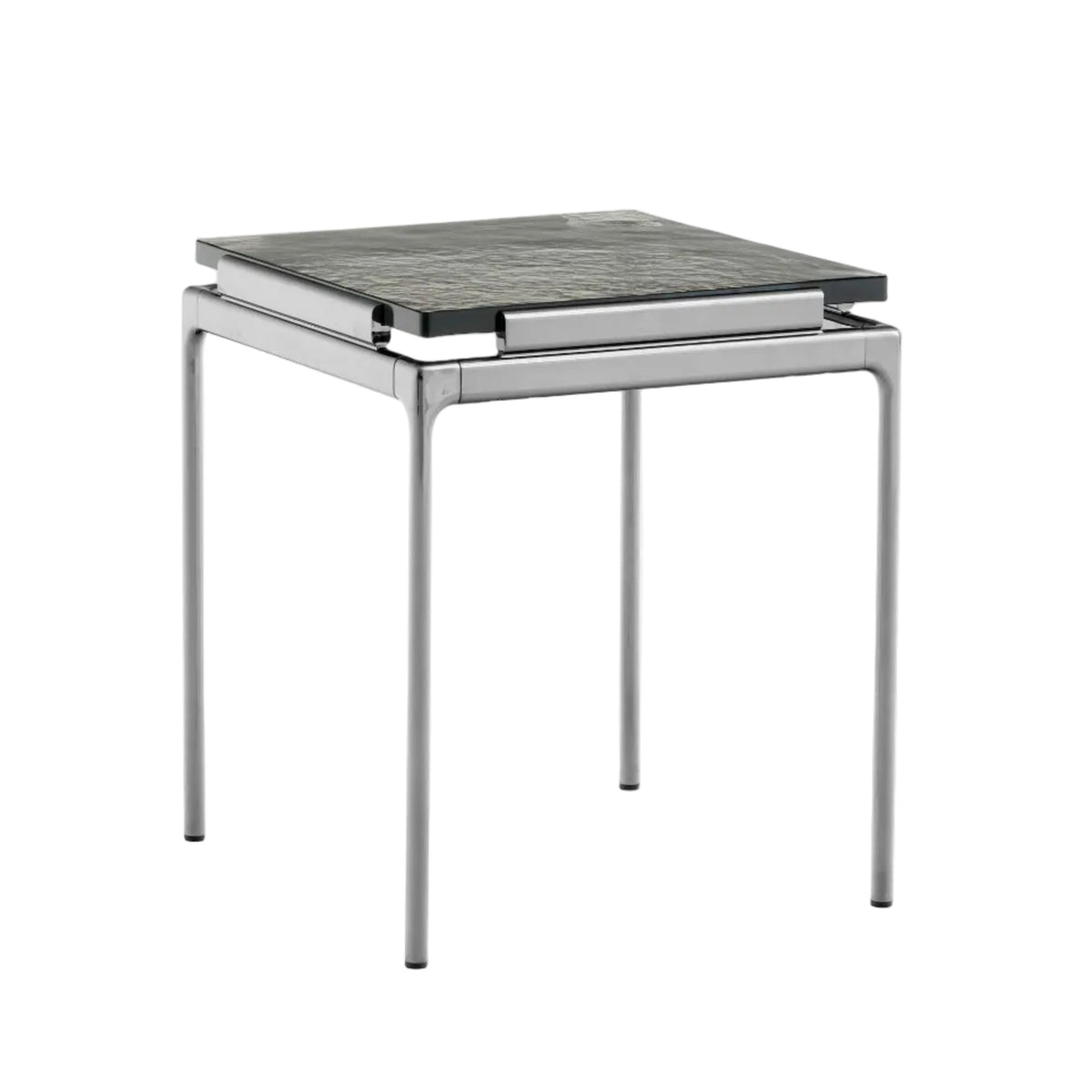 Bijzettafel SETT LN11 met een rookglazen blad en een verchroomde basis