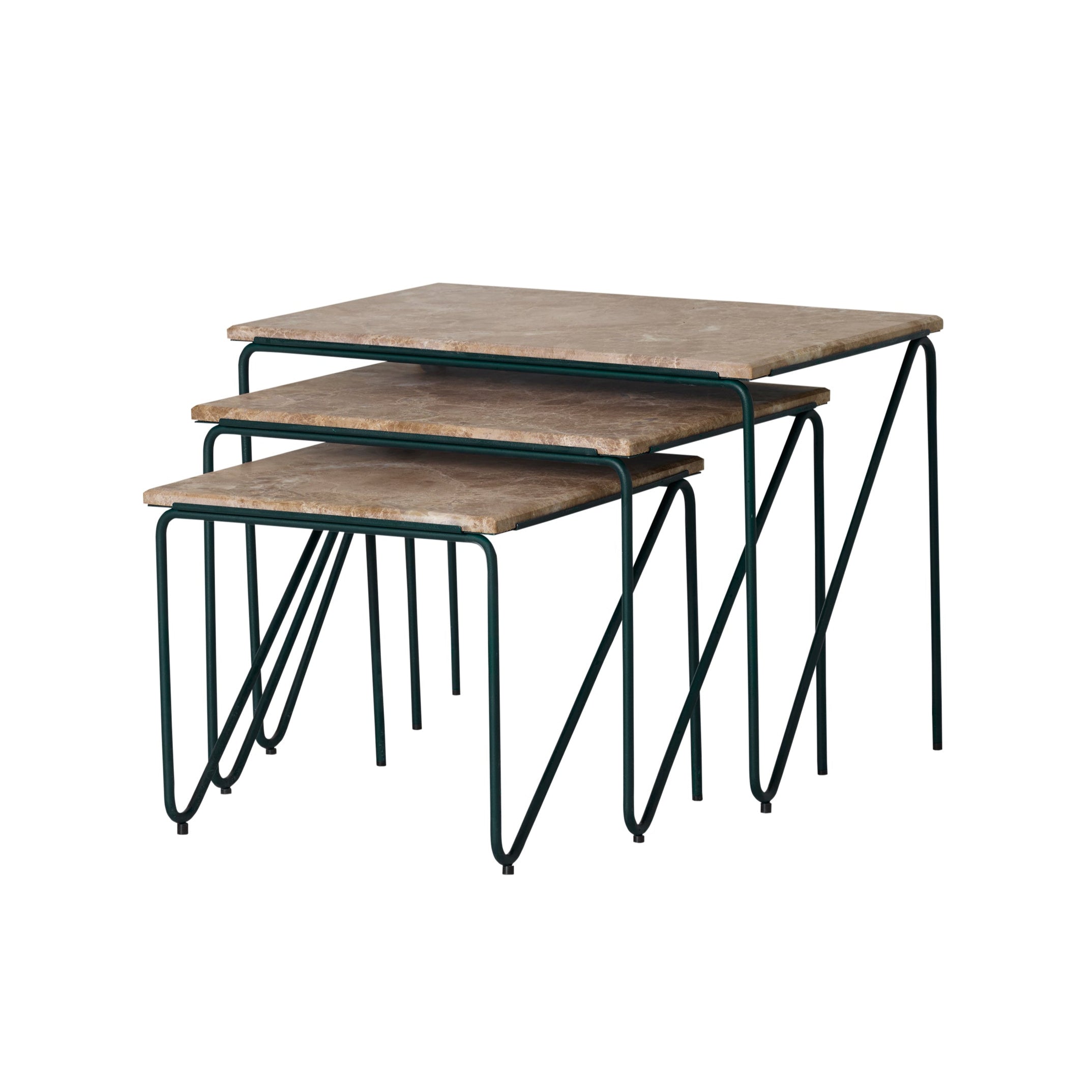 Set von Couchtischen TRIPTYCH brauner Marmor mit grünem Fuß