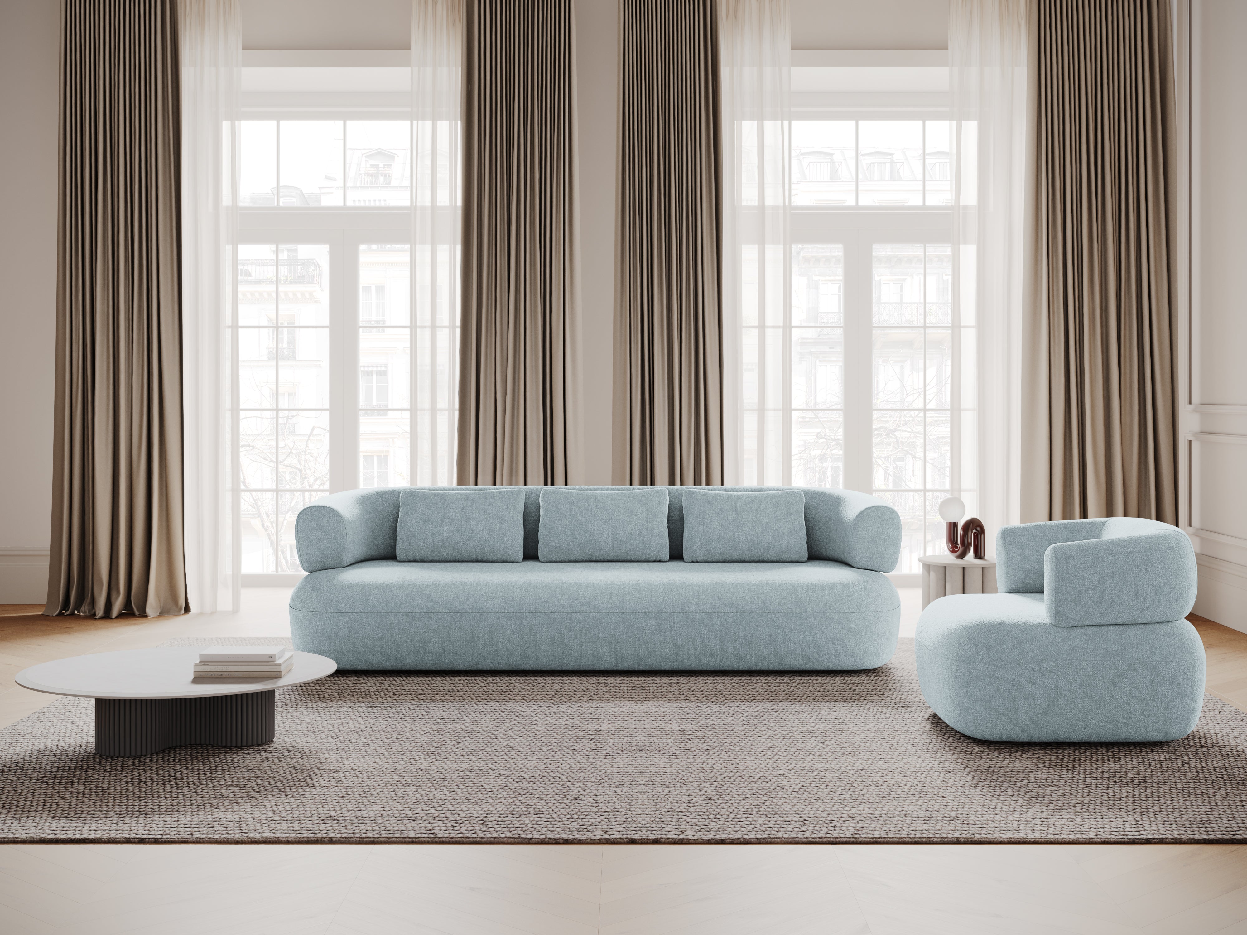 Sofa 3,5-zits ALDRIN in lichtblauwe chenille