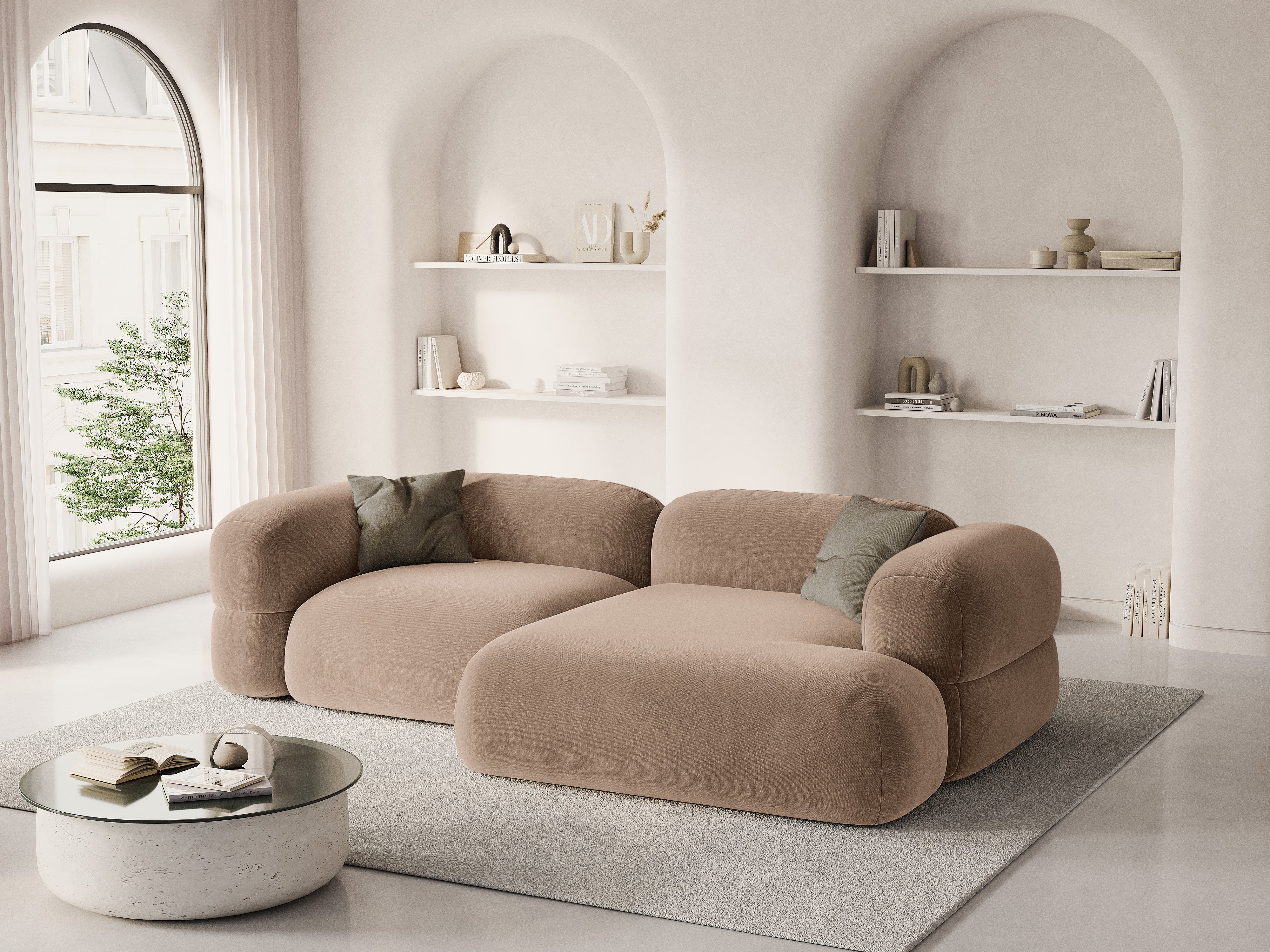 Right-facing velvet corner sofa ROGER in dark beige