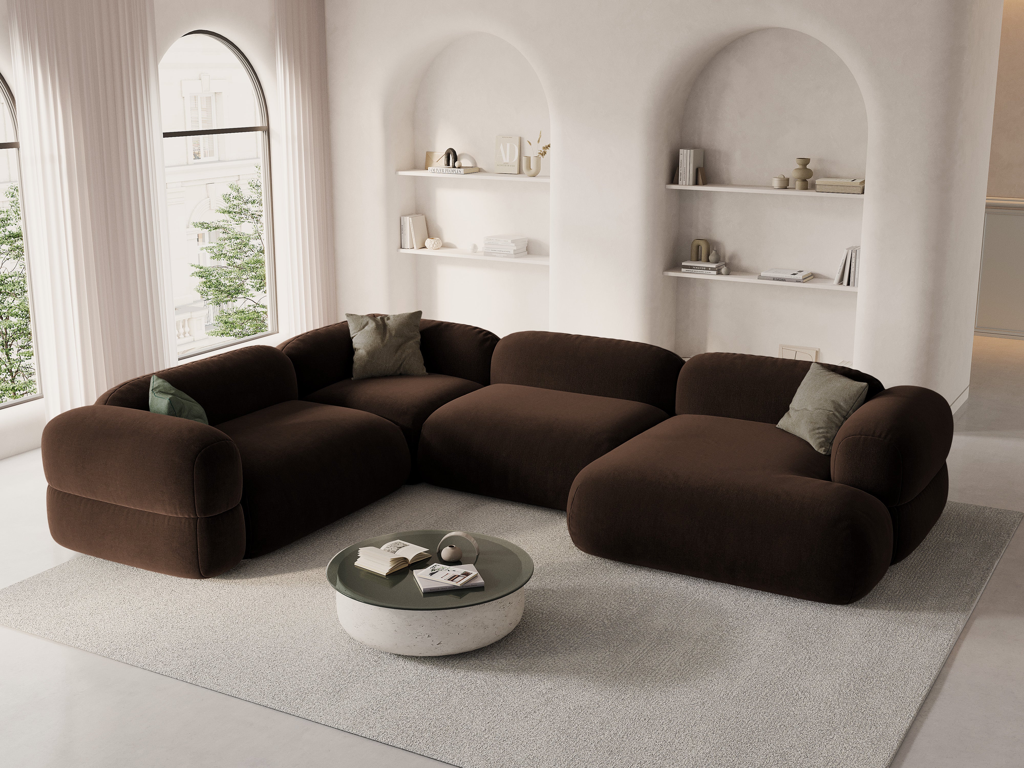 Velvet hoekbank in U-vorm links ROGER chocolade