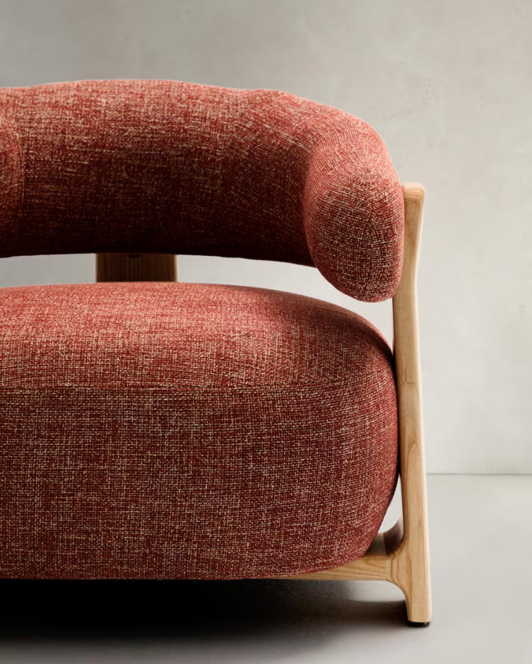 GRANITE armchair in red chenille with an ash base