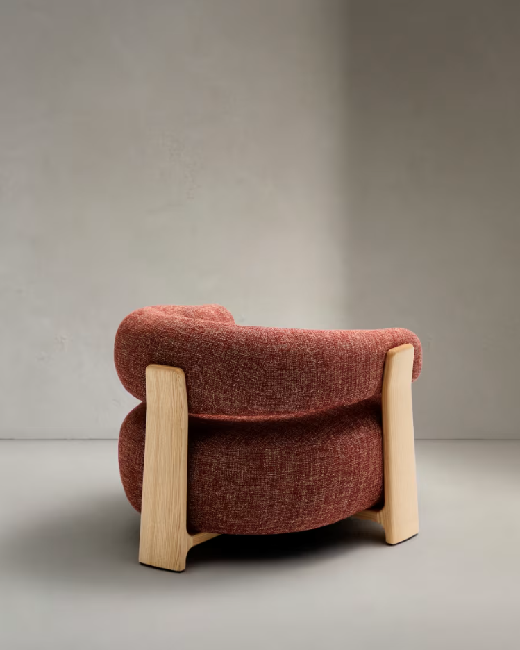 GRANITE armchair in red chenille with an ash base
