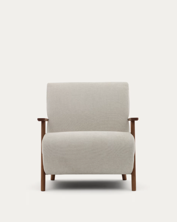 Fauteuil MEGHAN crème met een basis van essenhout