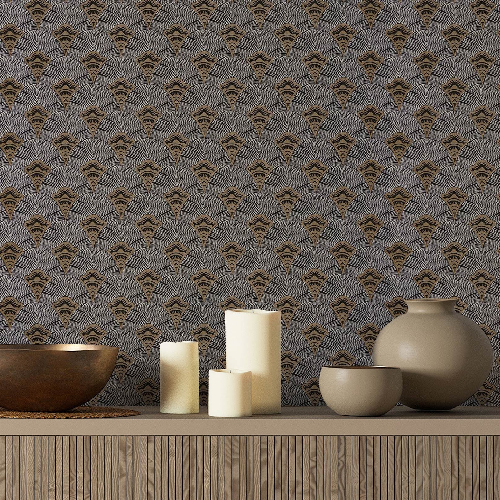 Structural wallpaper with an abstract fan pattern ADENIUM - MARINE/PIERRE BLEUE brown with blue