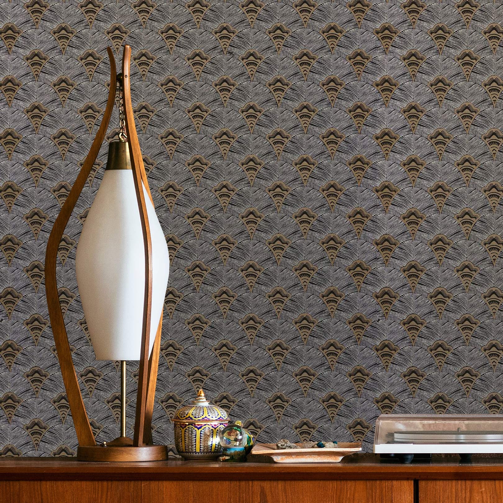 Structural wallpaper with an abstract fan pattern ADENIUM - MARINE/PIERRE BLEUE brown with blue
