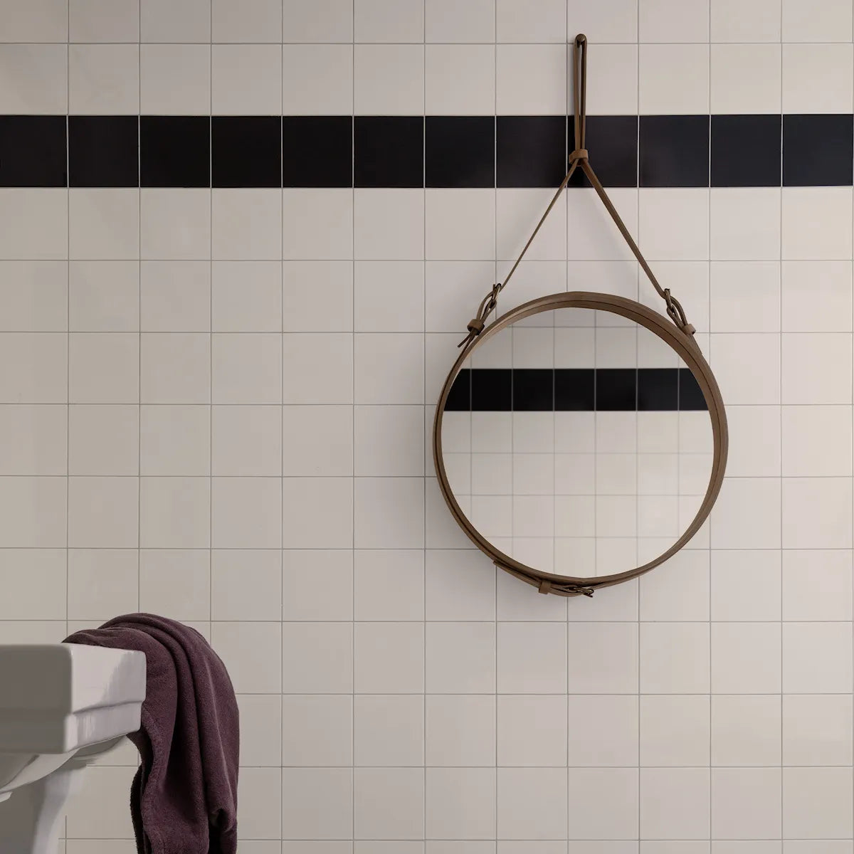 Lustro rond ADNET crèmekleurig leer