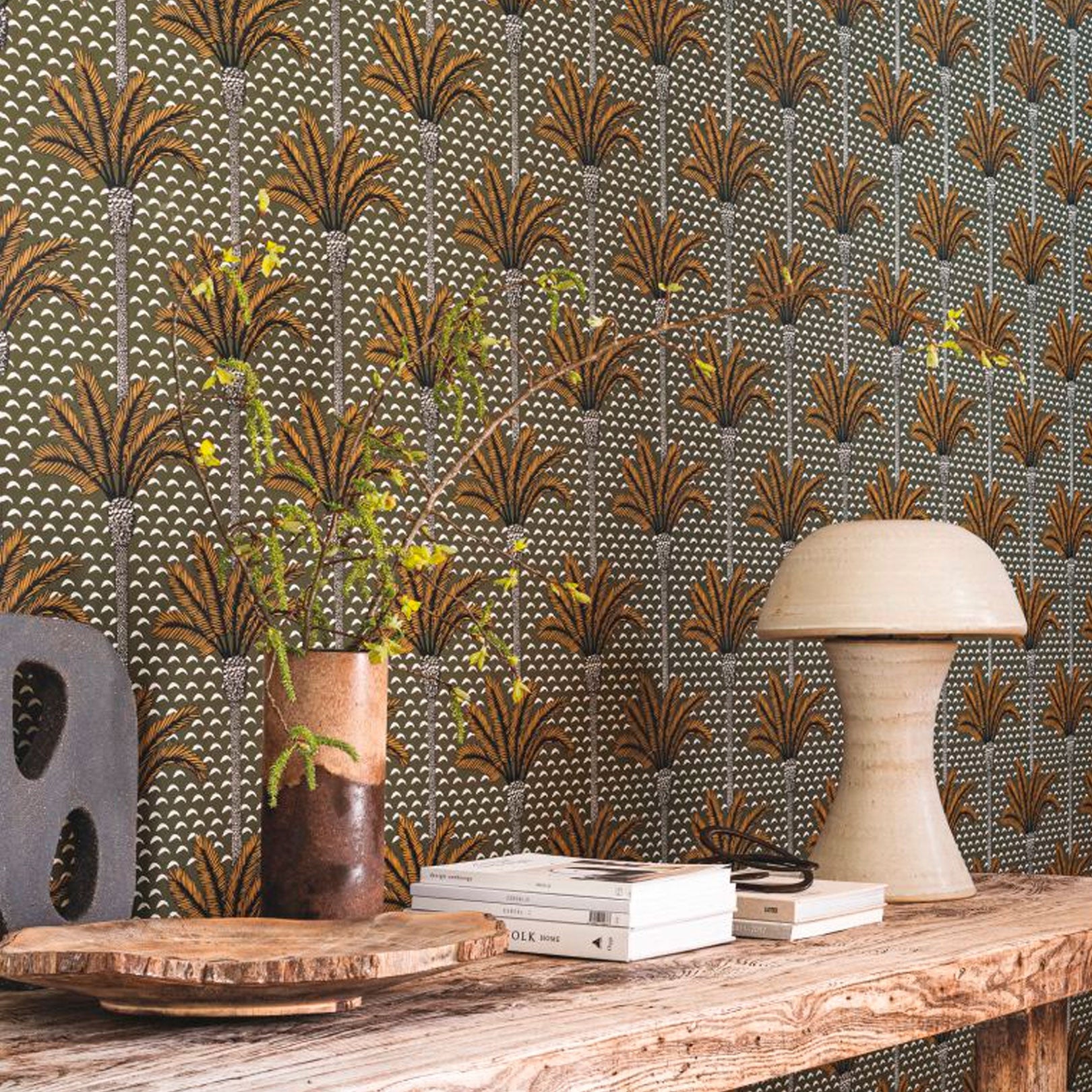 Structuurtapijt met plantenmotief in palmen ATLAS - KAKI khaki