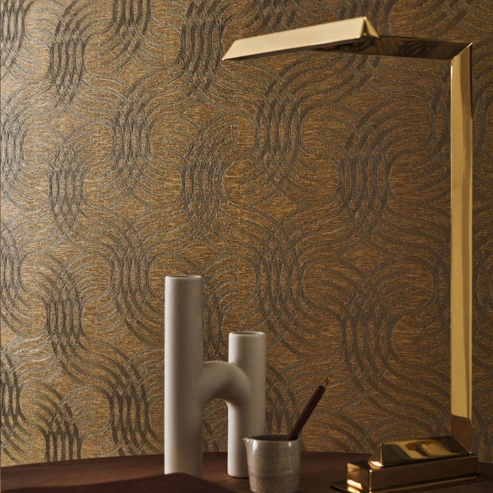 Metallic Wallpaper with Abstract Pattern AURARIA - NOIR/DORE Black with Gold