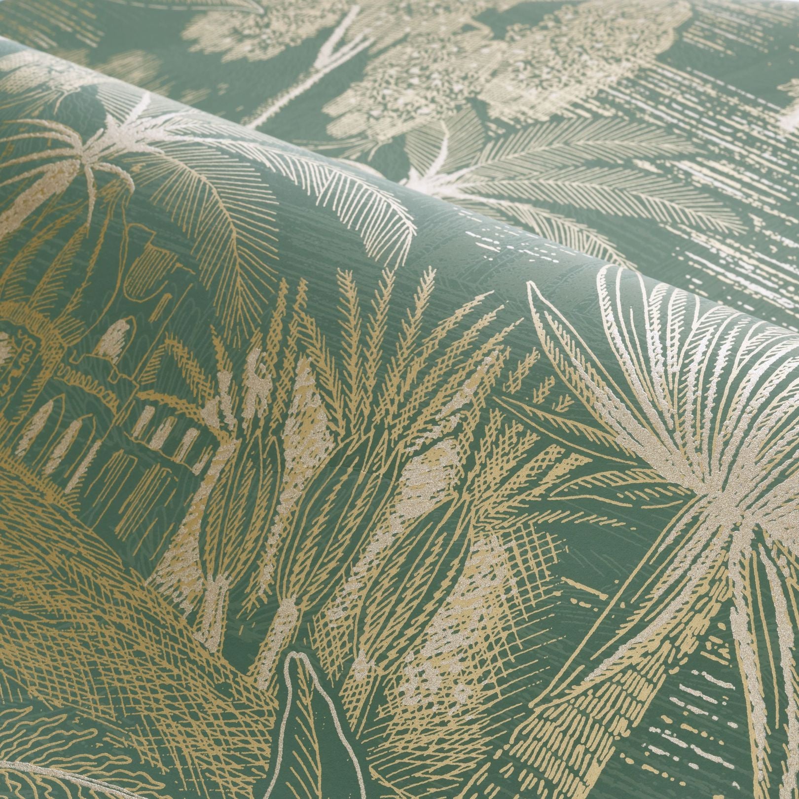 Landscape Wallpaper with Plant Motif BAHARIA - VERT DE GRIS/DORE green with gold