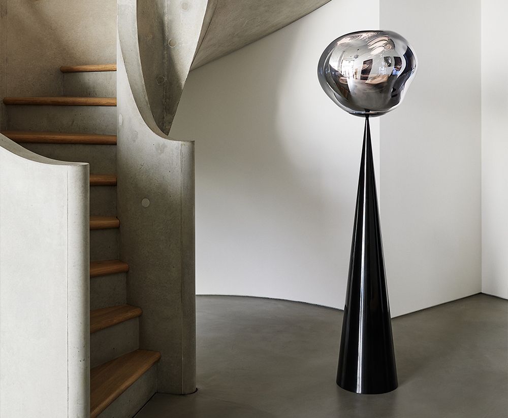 Melt Silver floor lamp with a black base