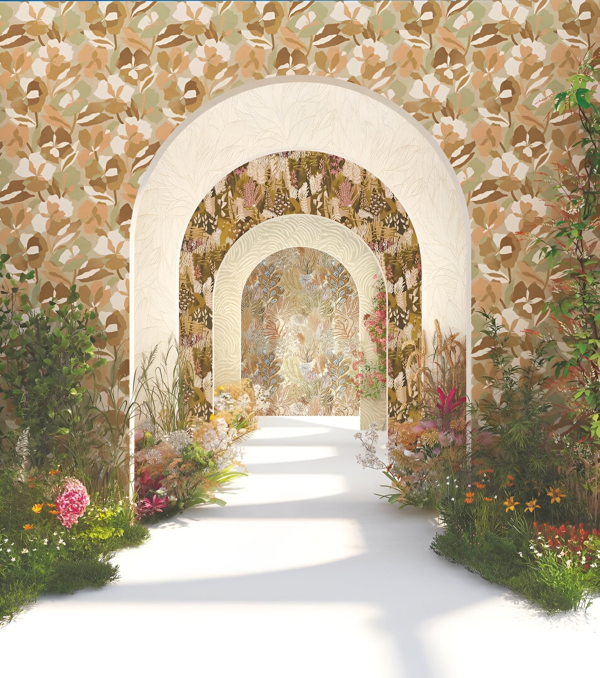 Behang met een plantenmotief van bladeren en bloemen ERICA - GROEN MOS/BLUSH perzik