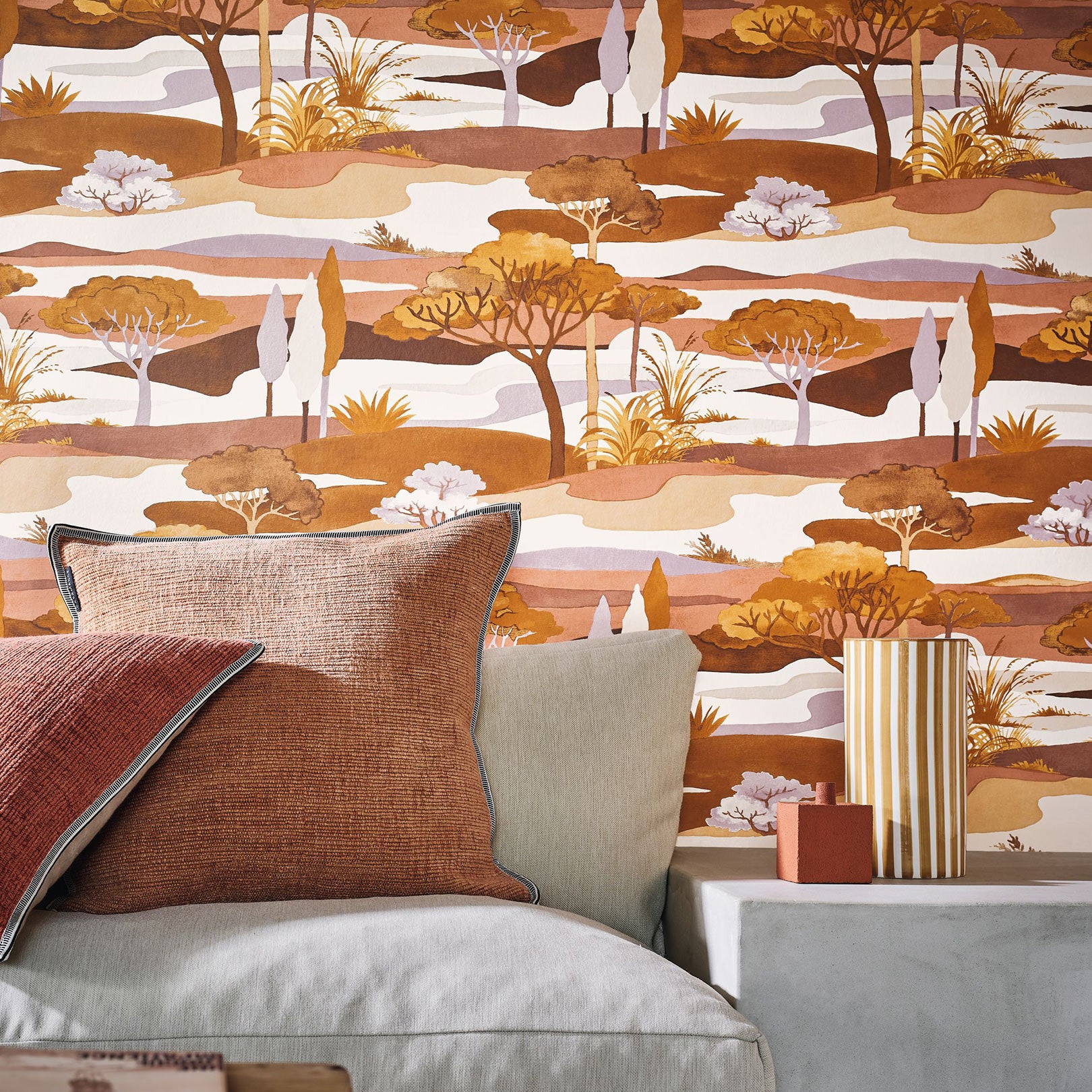 Landscape wallpaper with a botanical theme CAP FERRET - OCRE/NUDE orange with beige