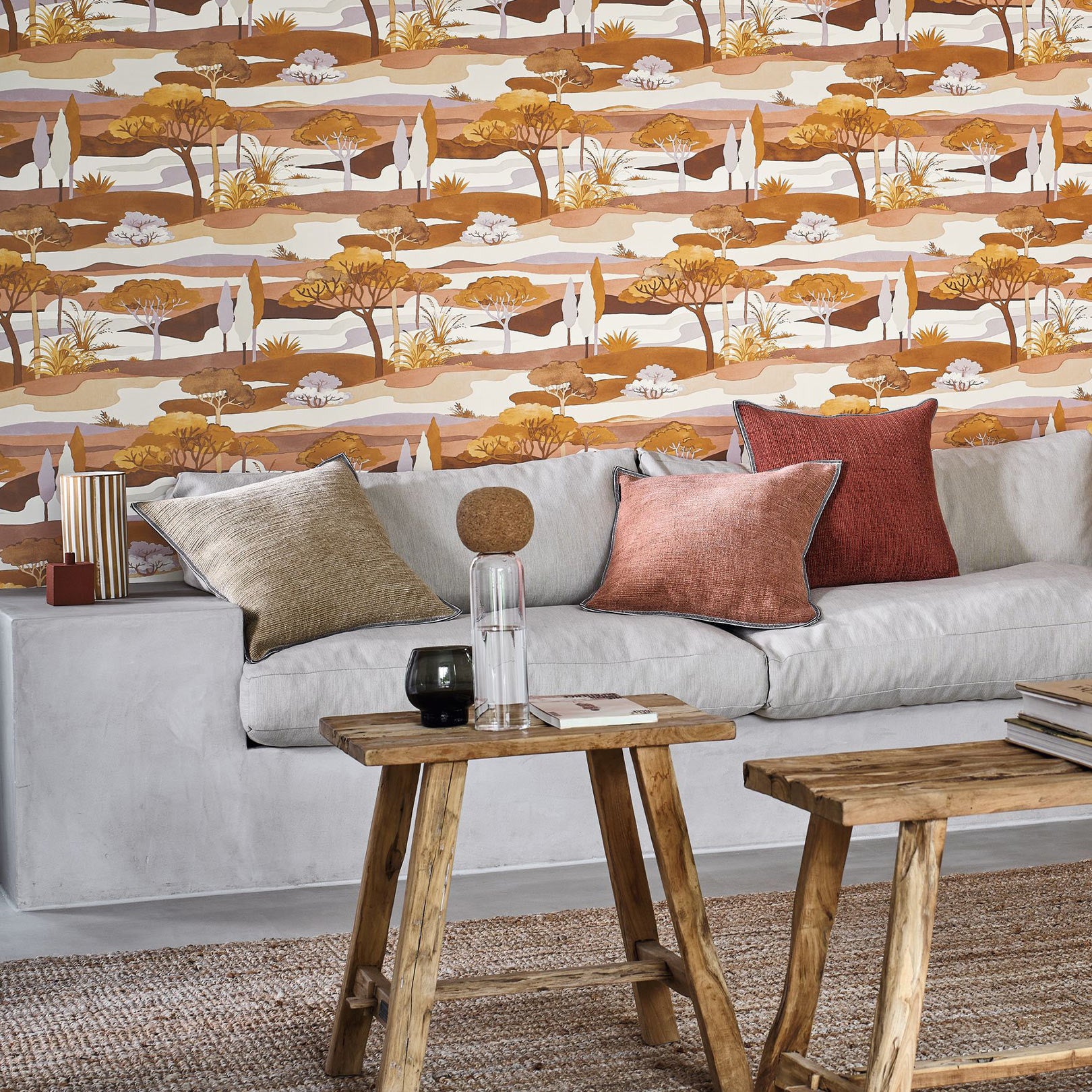 Landscape wallpaper with a botanical theme CAP FERRET - OCRE/NUDE orange with beige