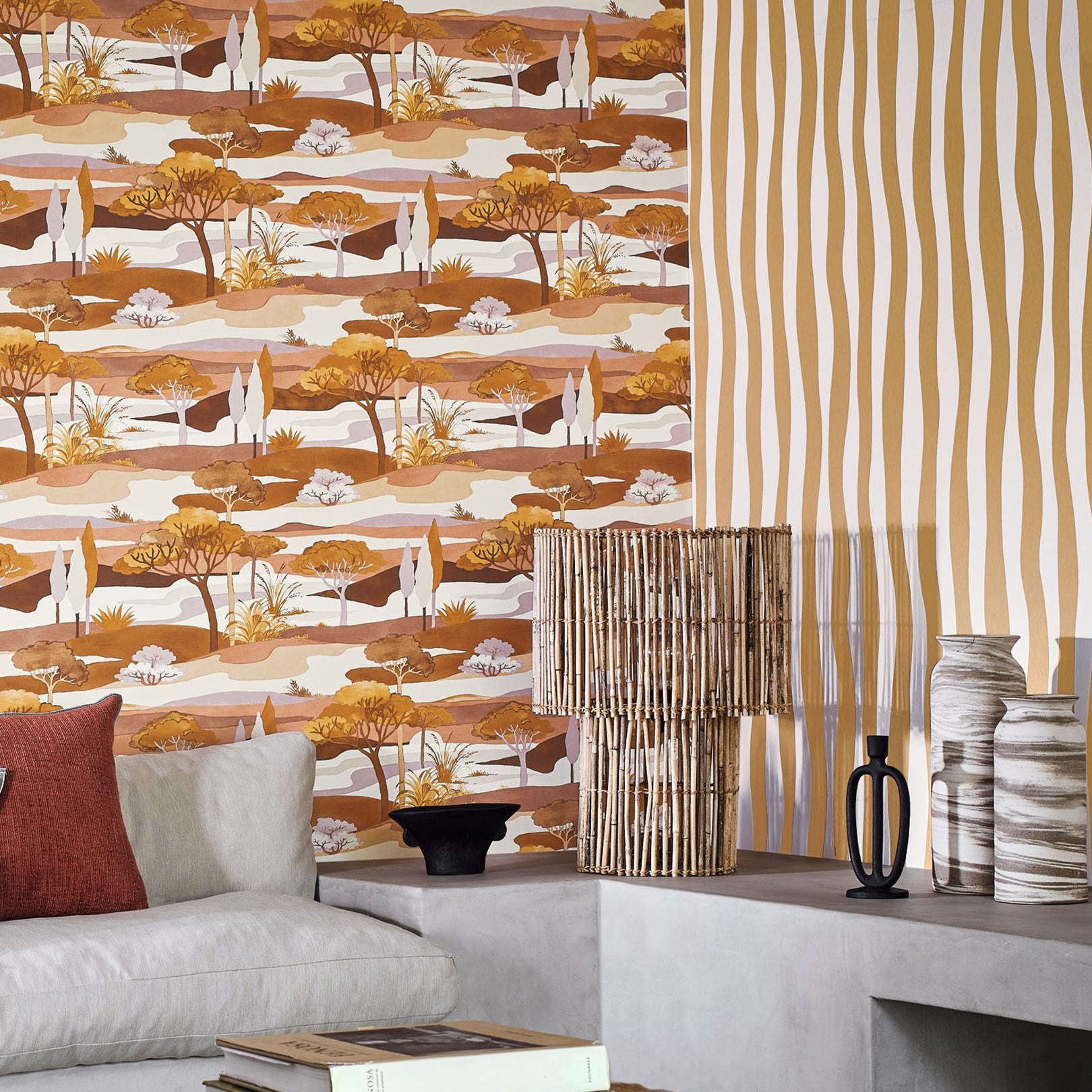 Landscape wallpaper with a botanical theme CAP FERRET - OCRE/NUDE orange with beige