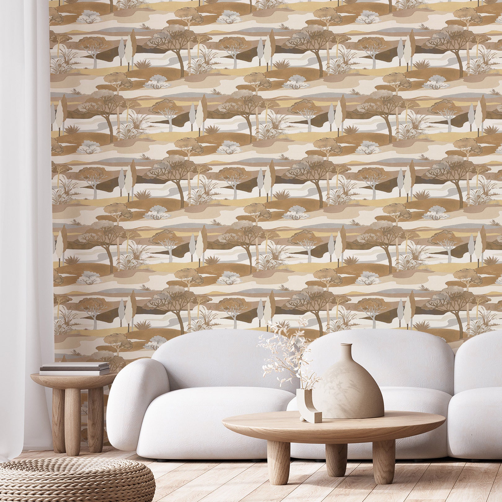 Behang met een landschap en plantmotief CAP FERRET - SABLE/LATTE koffiebruin met beige