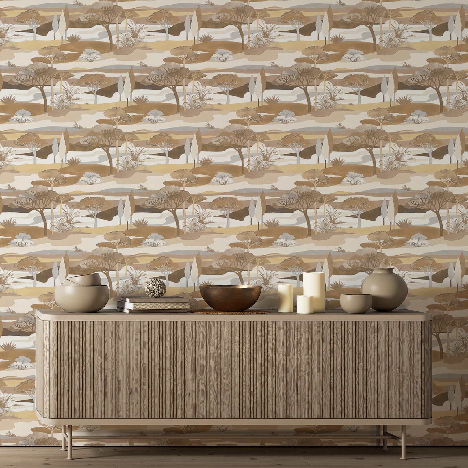 Behang met een landschap en plantmotief CAP FERRET - SABLE/LATTE koffiebruin met beige
