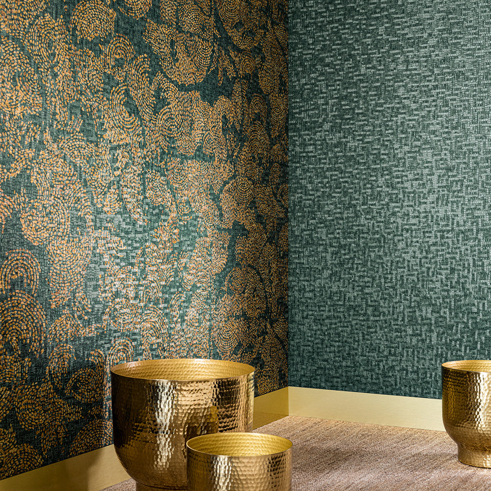 Structural wallpaper with mosaic in VENETIE - EMERAUDE/DORE emerald green with gold