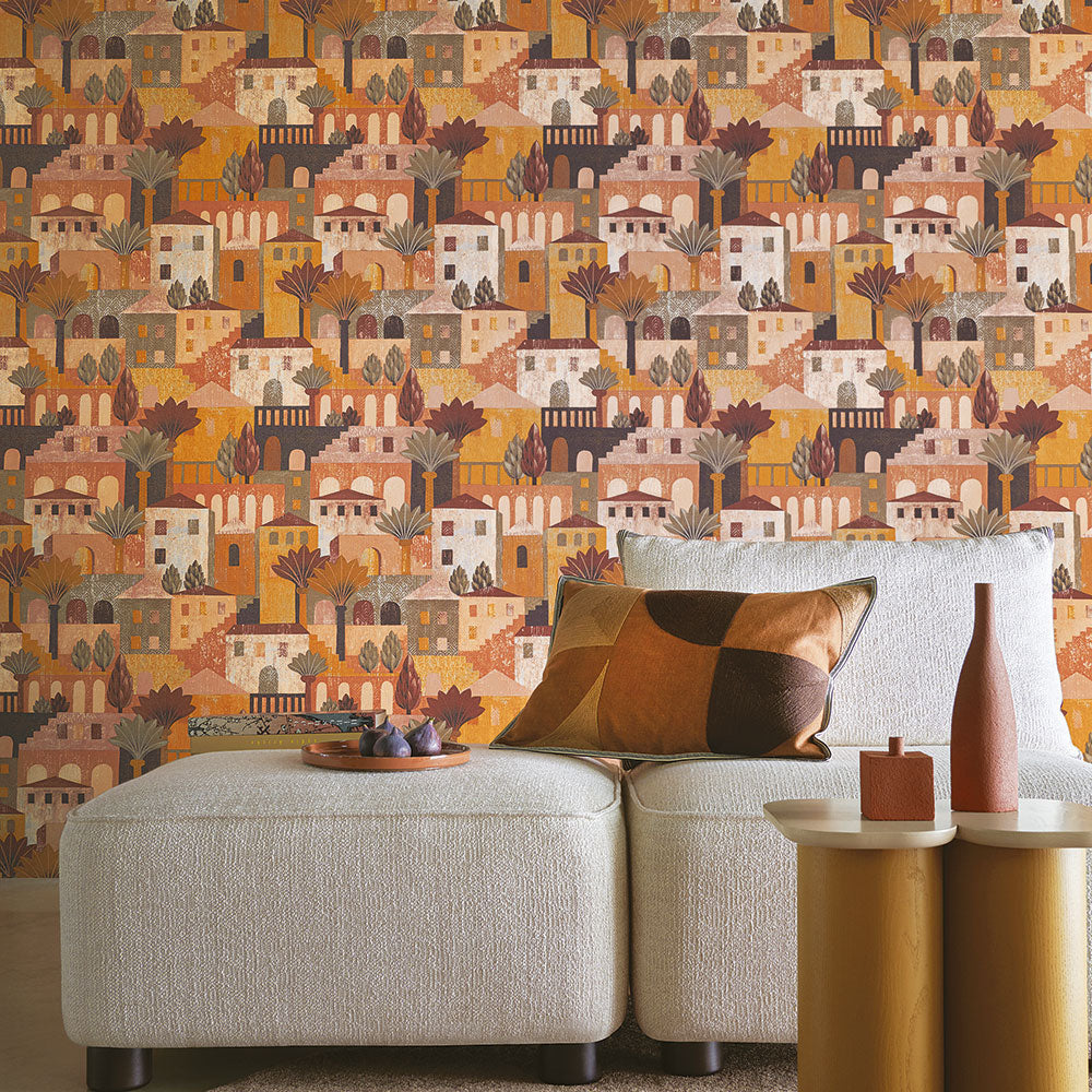 Structural wallpaper with the cityscape of MONTEROSSO - TERRE DE SIENNE terracotta