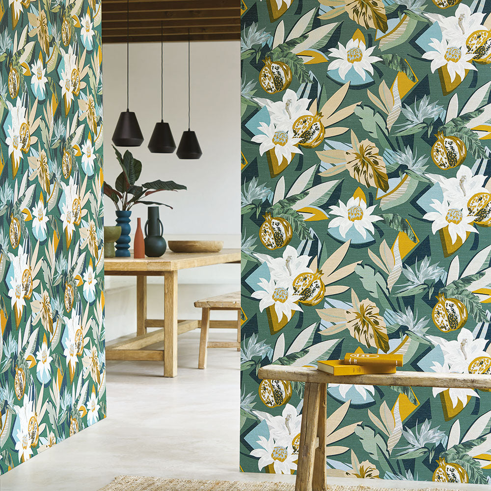 Strukturtapete mit pflanzlichem Motiv SALVADOR - PETROLE/BLUSH grün mit rosa