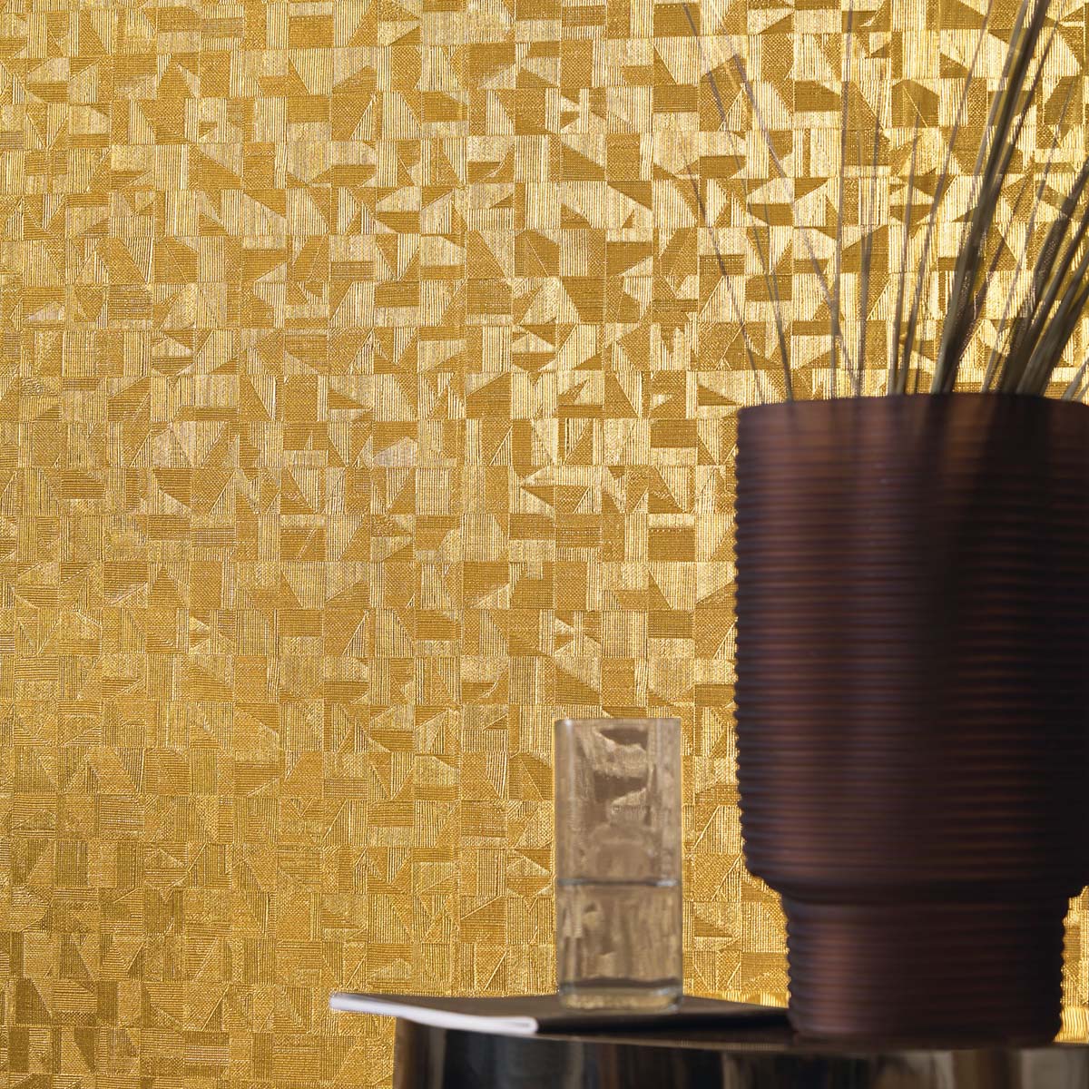 Metallic Structural Wallpaper with Mosaic Pattern TIZNIT - GRIS Gray with Gold