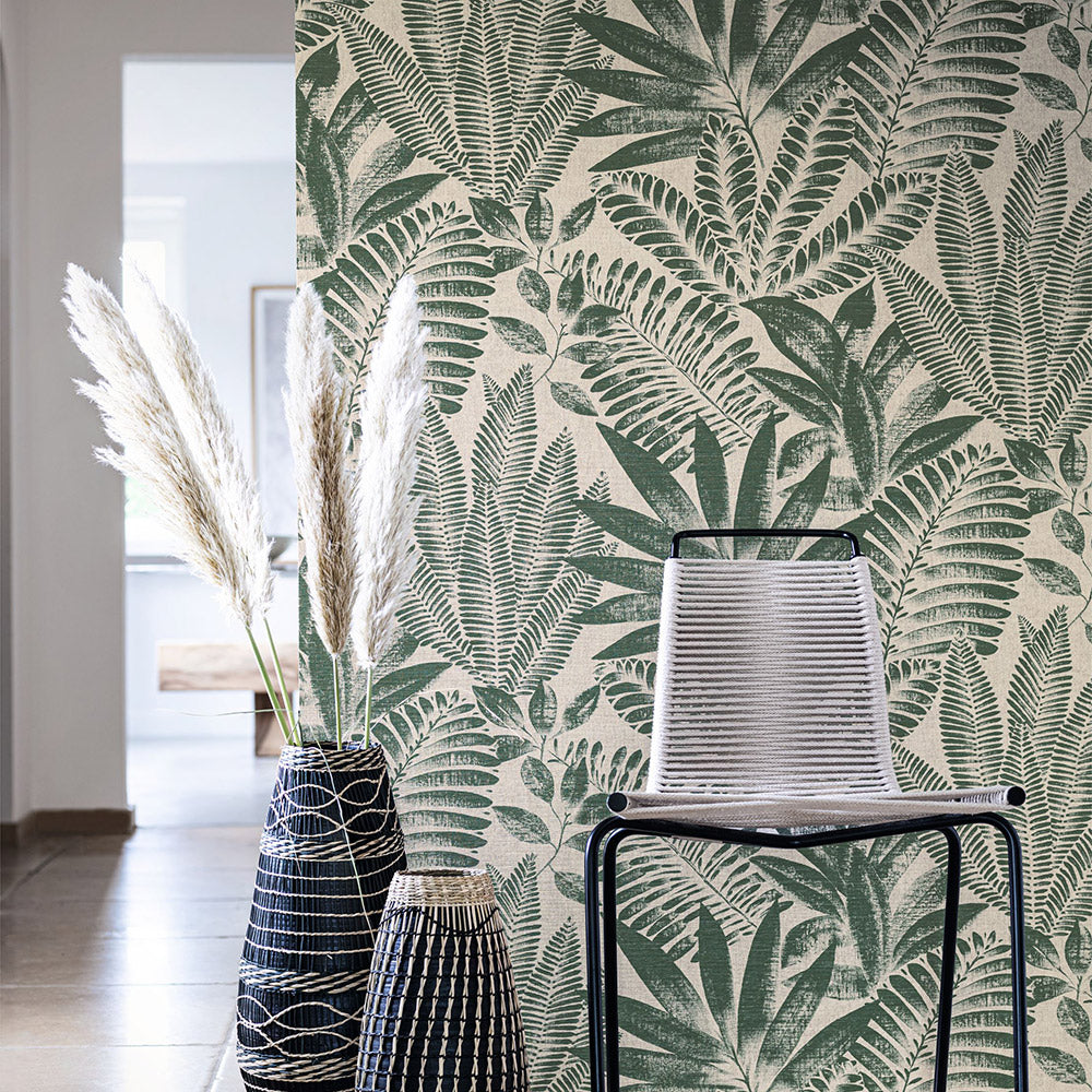 Structural wallpaper imitating canvas with a plant motif ALOES - VERT IMPERIAL/GREGE green with beige