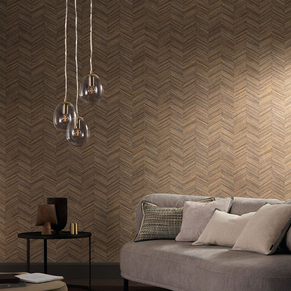 Geometric structural wallpaper imitating wood with a herringbone pattern OCOTEA - DARK BROWN EBENE