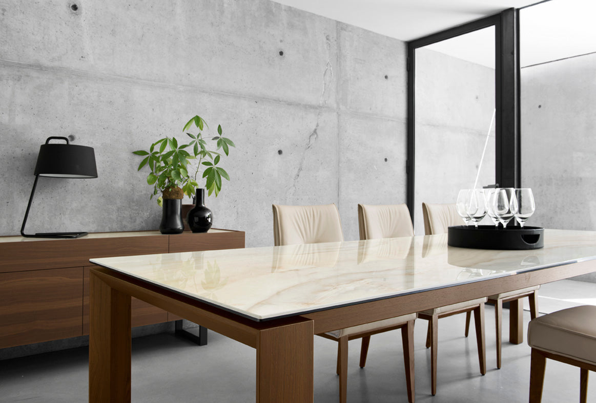 Extendable table OMNIA beige top with walnut base